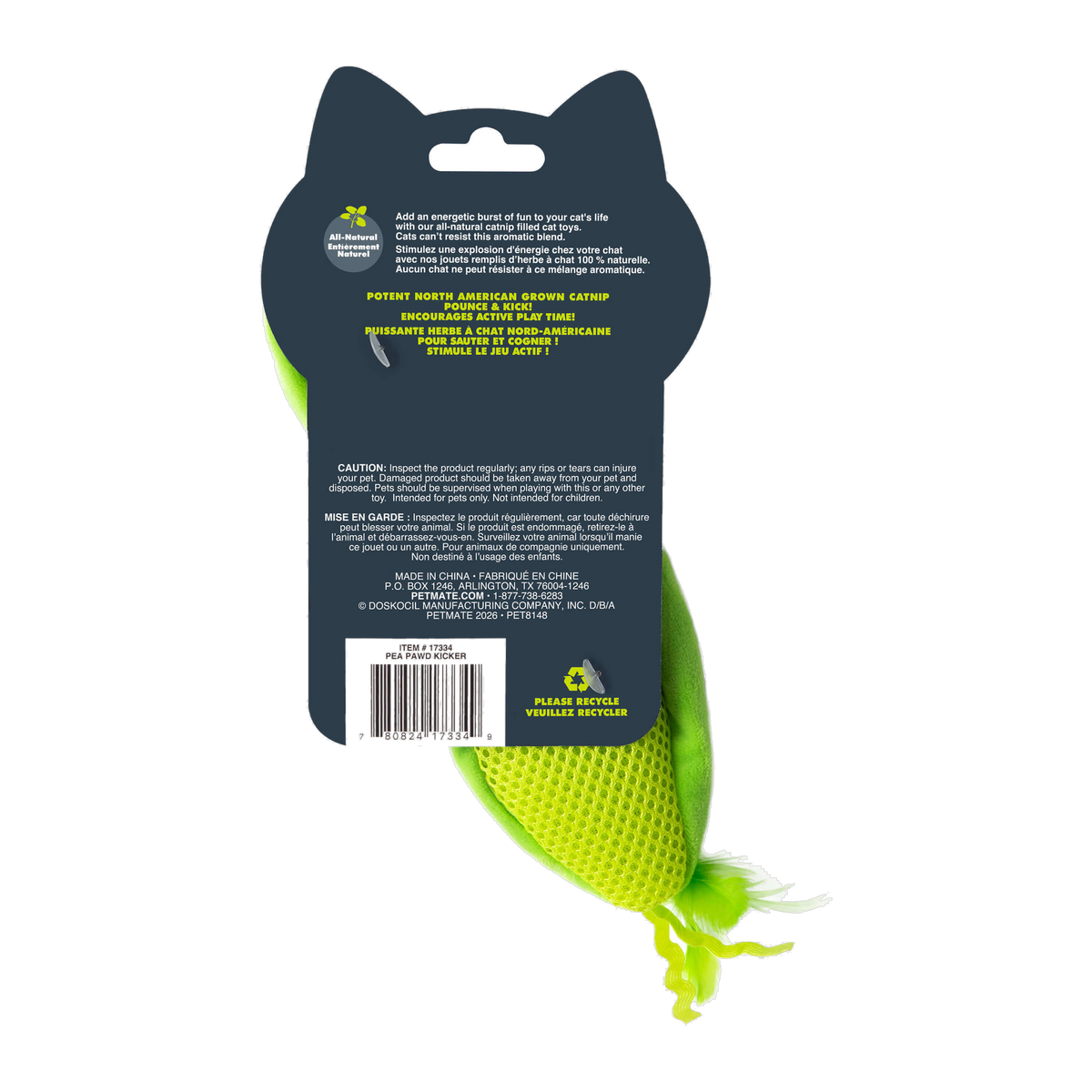 Quirky Kitty Pea Pawd Kicker packaging back with product details and catnip information