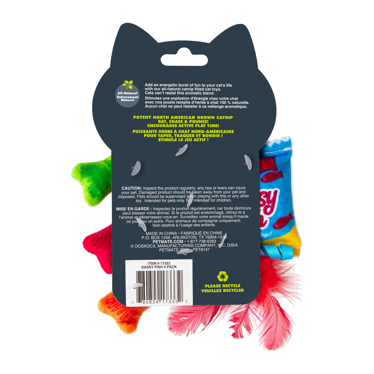 Quirky Kitty Sassy Fish packaging back with product details and catnip information