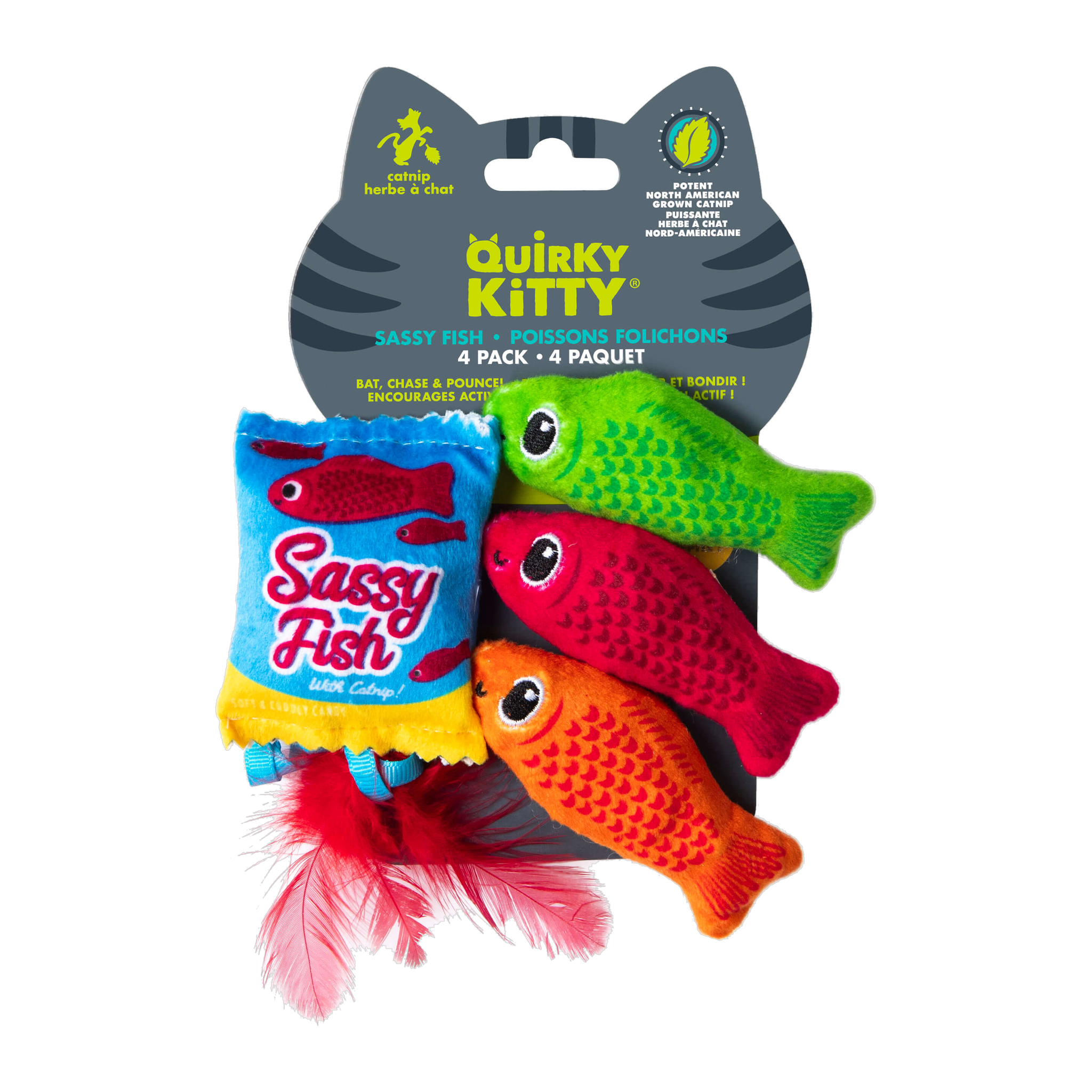 Quirky Kitty Sassy Fish 4 Pack catnip cat toys retail packaging front view