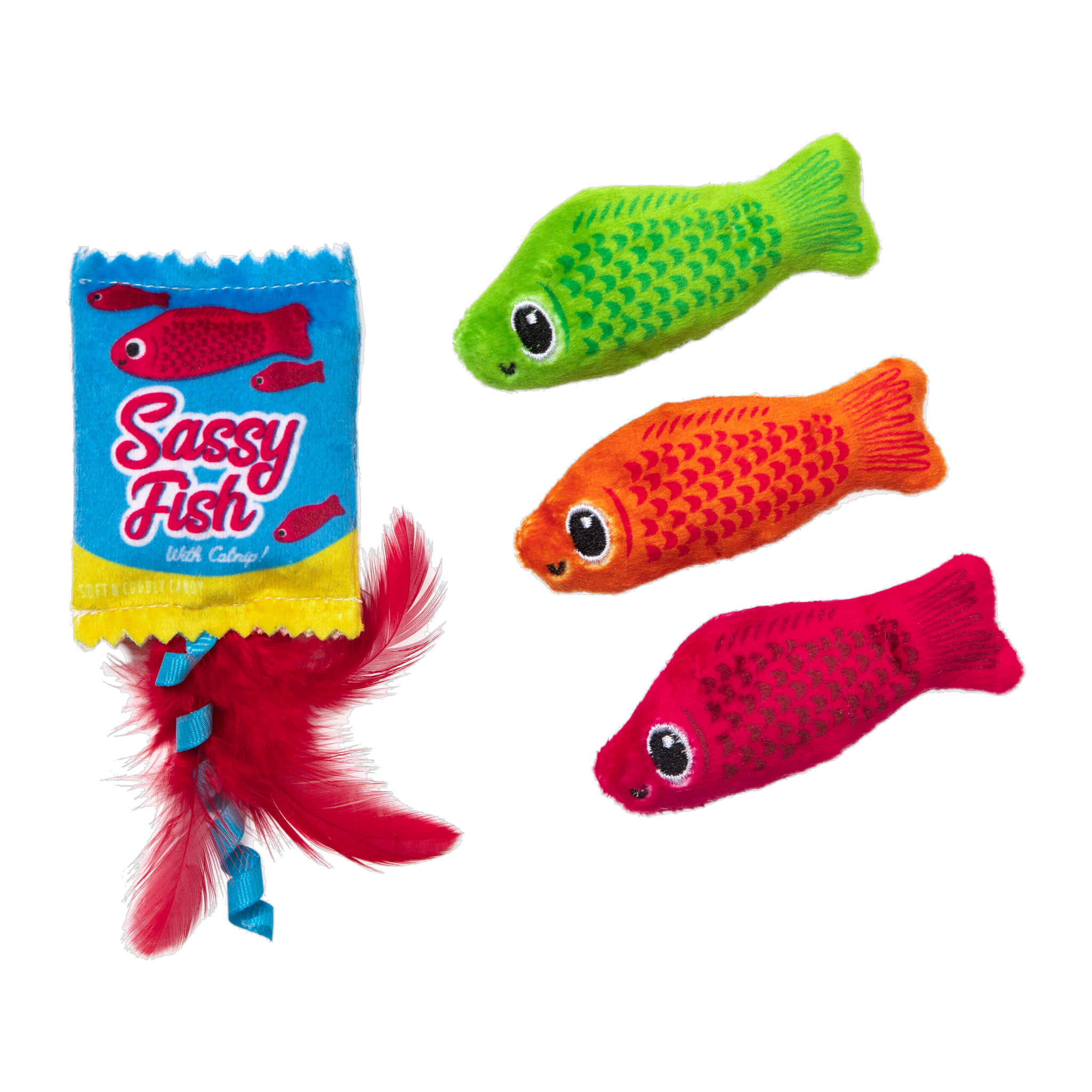 Quirky Kitty Sassy Fish three plush fish in green, orange and pink with feathered candy-bag pouch