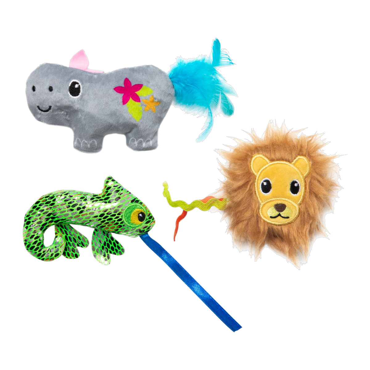 Quirky Kitty Sassy Safari plush grey hippo, green chameleon and fluffy-maned lion catnip toys