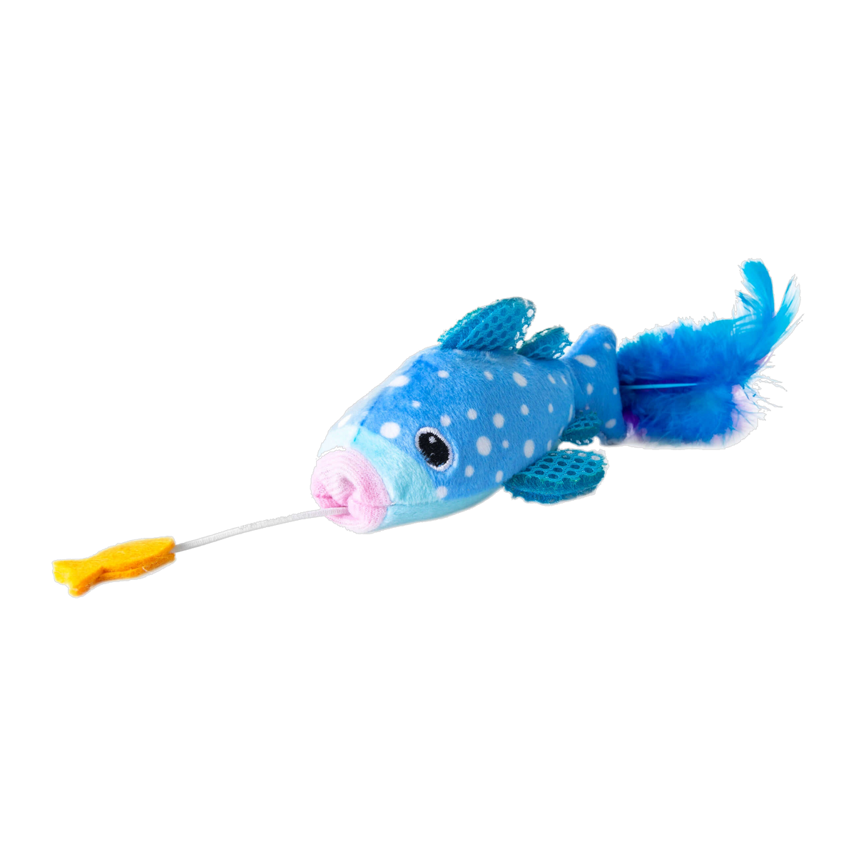 Quirky Kitty Whale Shark Chomper blue spotted plush shark with feather tail and felt fish on cord