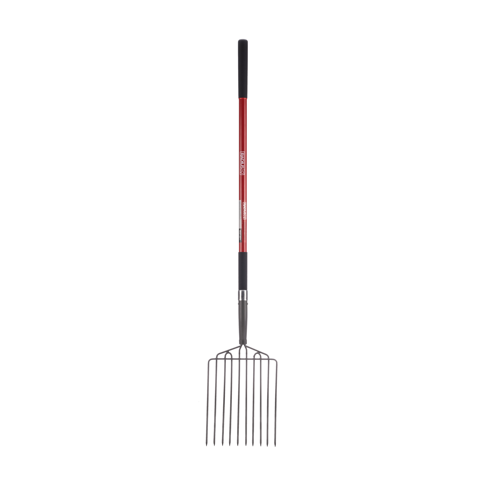 Radius Garden 10-tine manure fork, full front view with red fiberglass long handle