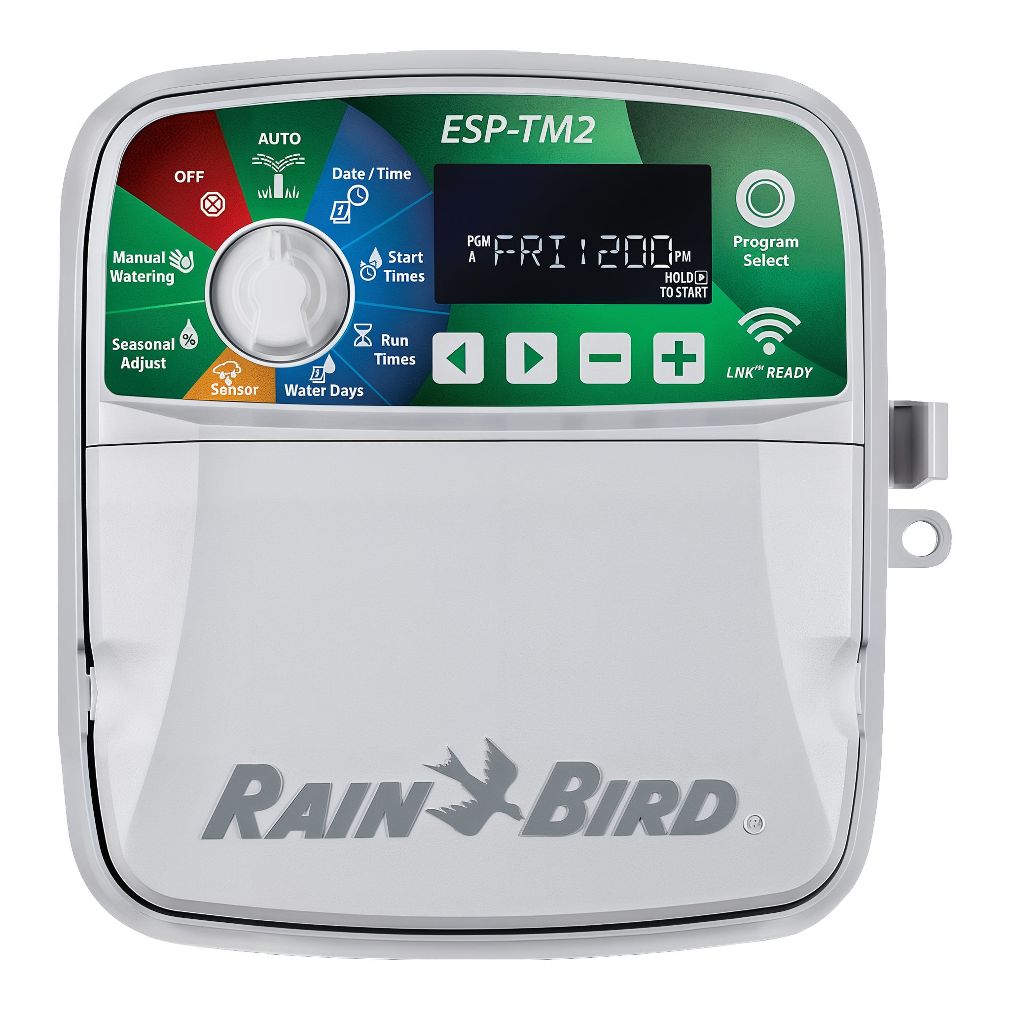 Rain Bird ESP-TM2 indoor/outdoor irrigation controller front view with dial and back-lit LCD