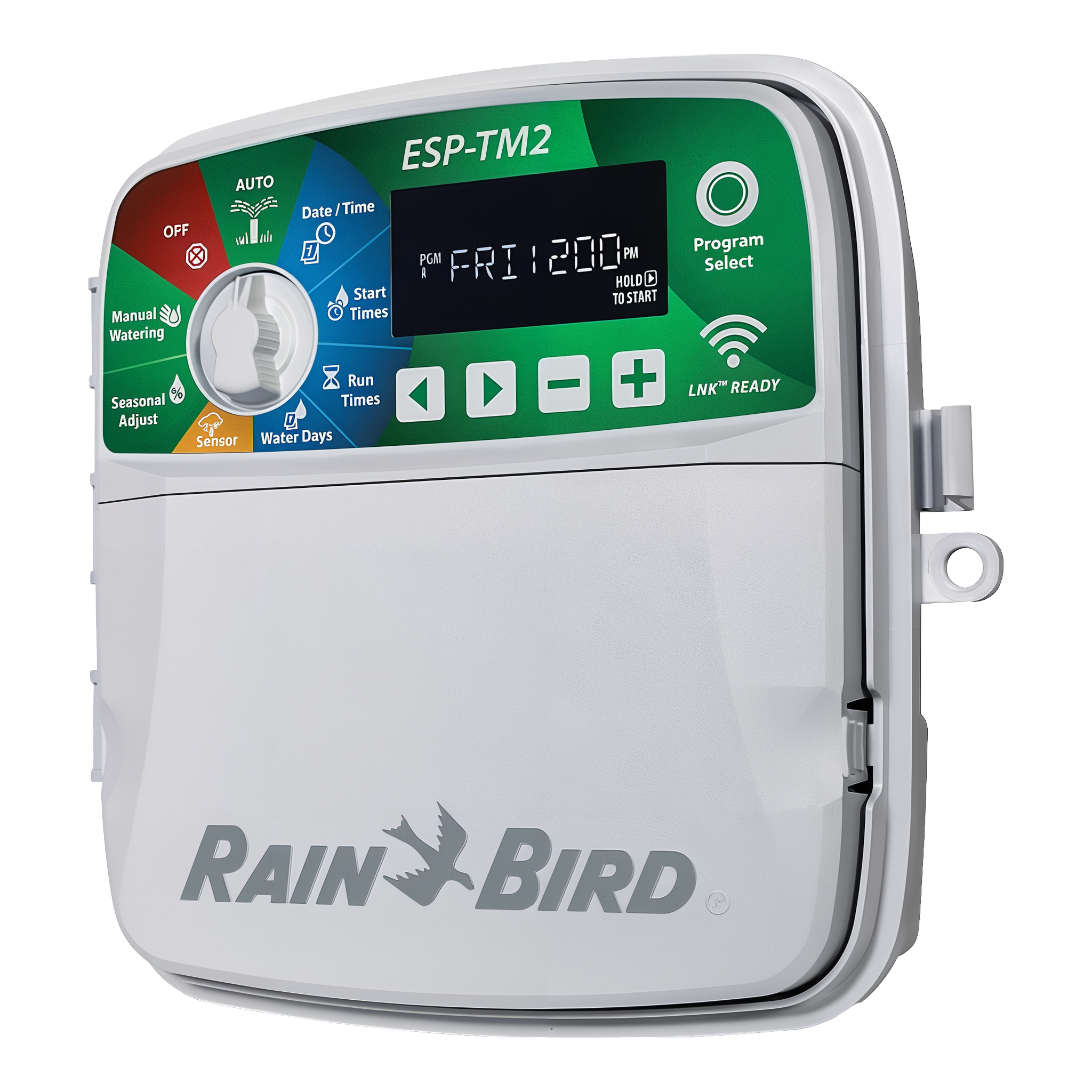 Rain Bird ESP-TM2 irrigation controller side profile showing weather-resistant lockable cabinet