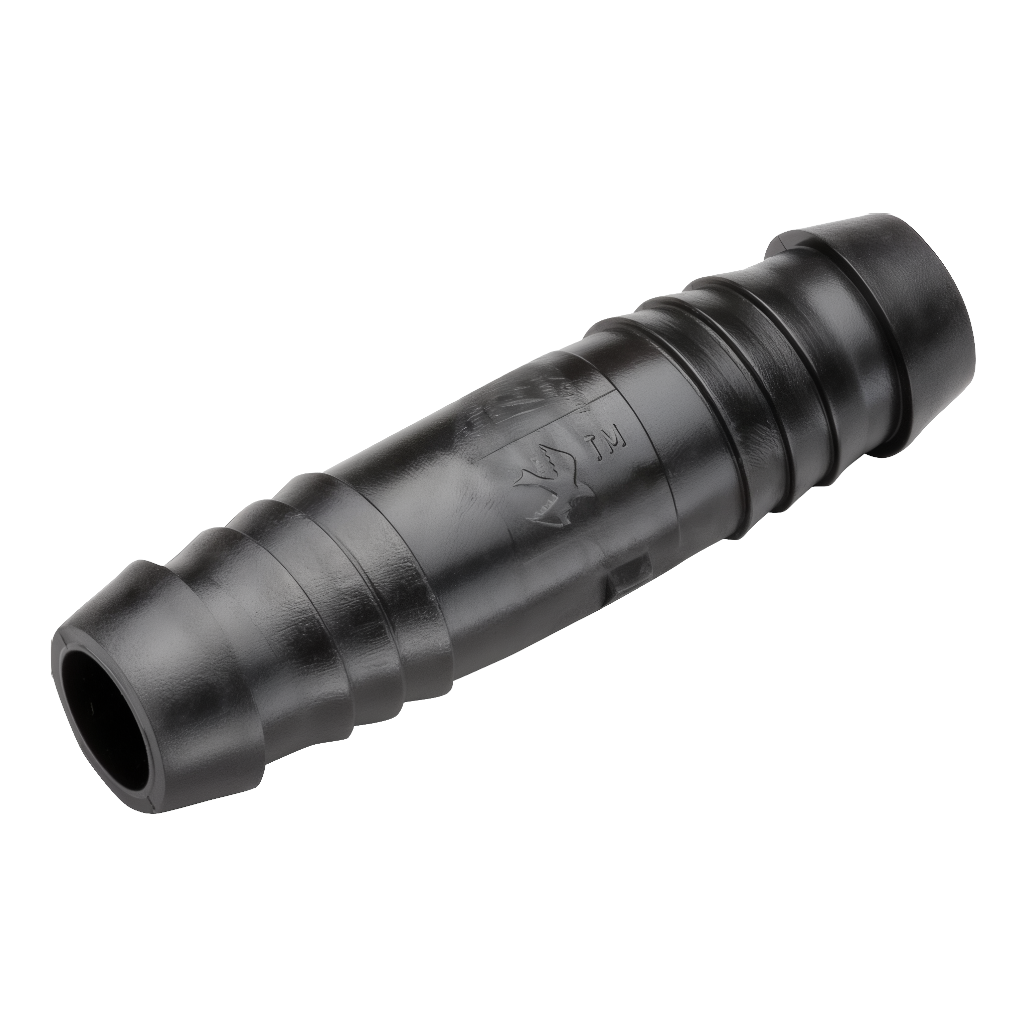 Rain Bird SBCPLG inline coupling fitting with two 1/2 inch insert barbs for splicing drip irrigation poly tubing on transparent background