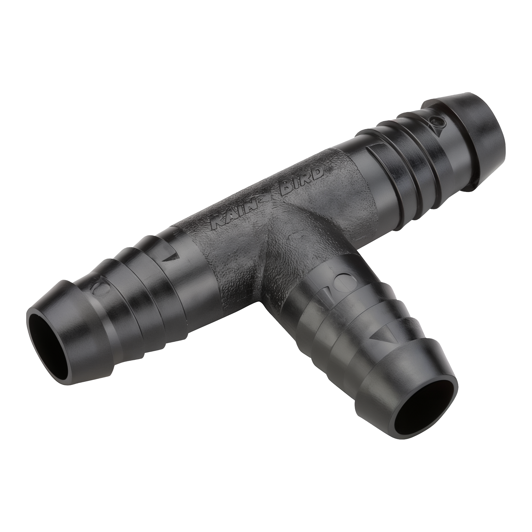 Rain Bird SBTEE three-way barbed tee fitting with three 1/2 inch insert barbs for drip irrigation poly tubing on transparent background