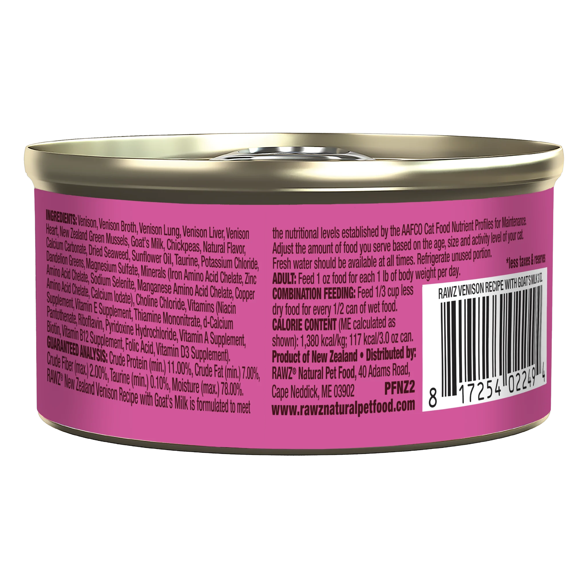 Back of the 3 oz venison with goat's milk can with ingredients, guaranteed analysis, feeding guide and calorie content