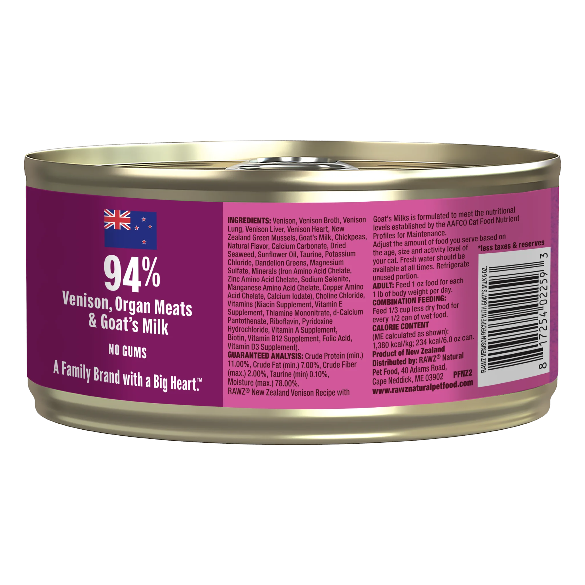 Back of the 6 oz venison with goat's milk can with ingredients, guaranteed analysis, feeding guide and calorie content