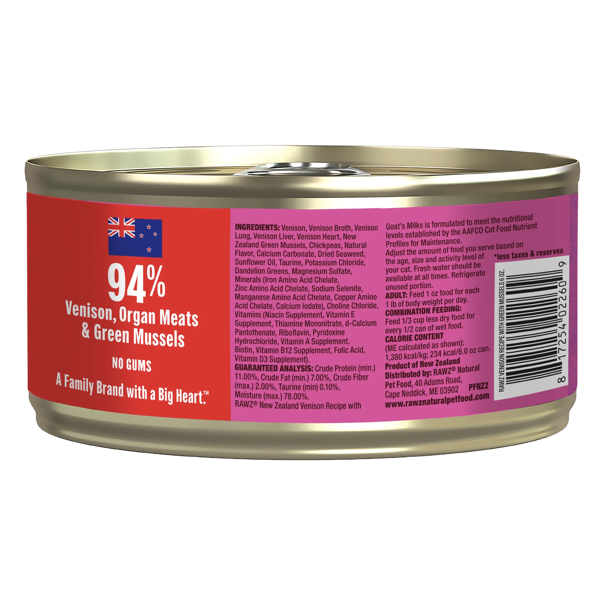 Back of the 6 oz venison with green mussels can with ingredients, guaranteed analysis, feeding guide and calorie content
