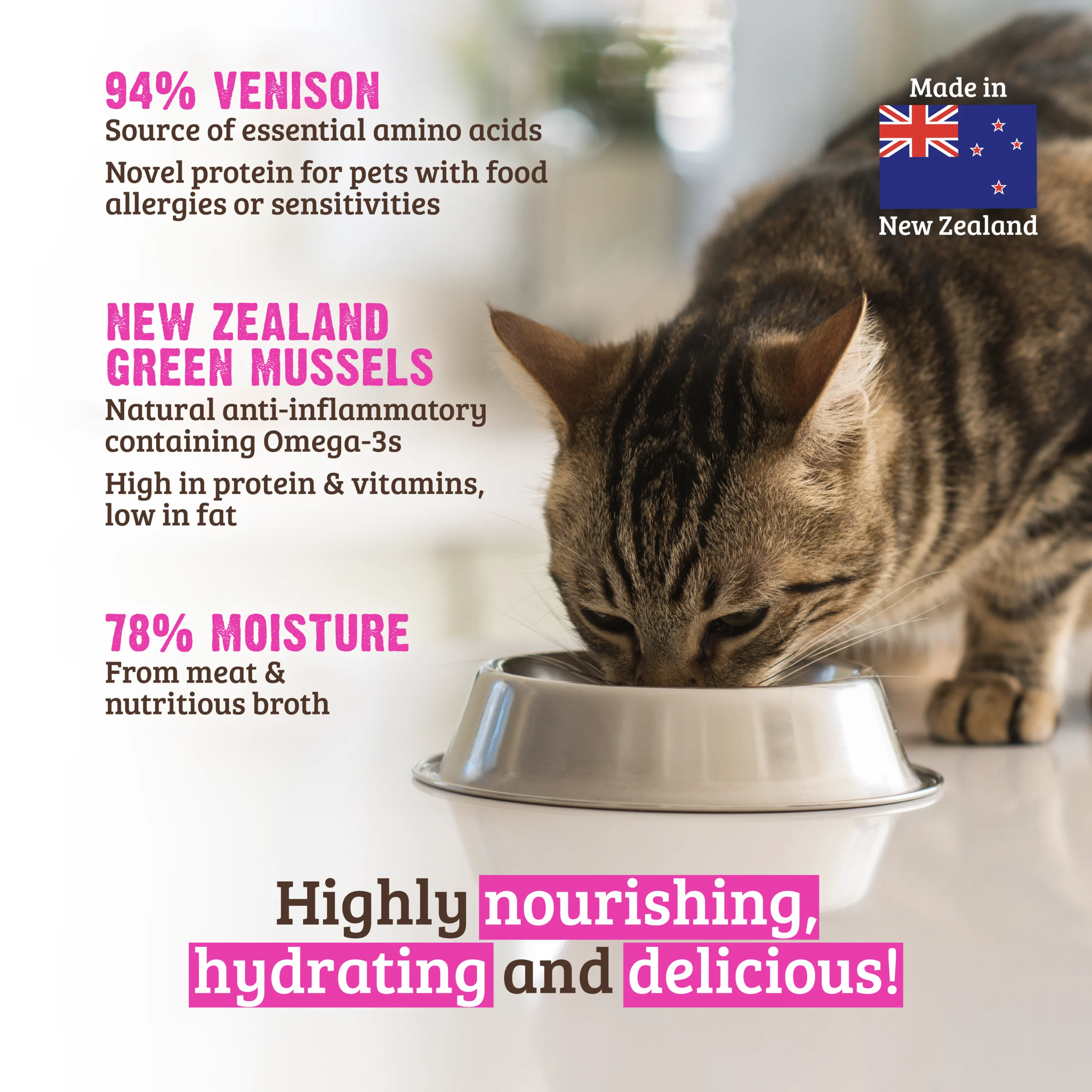 Cat eating RAWZ venison recipe: 94% venison novel protein, New Zealand green mussels with omega-3s, 78% moisture