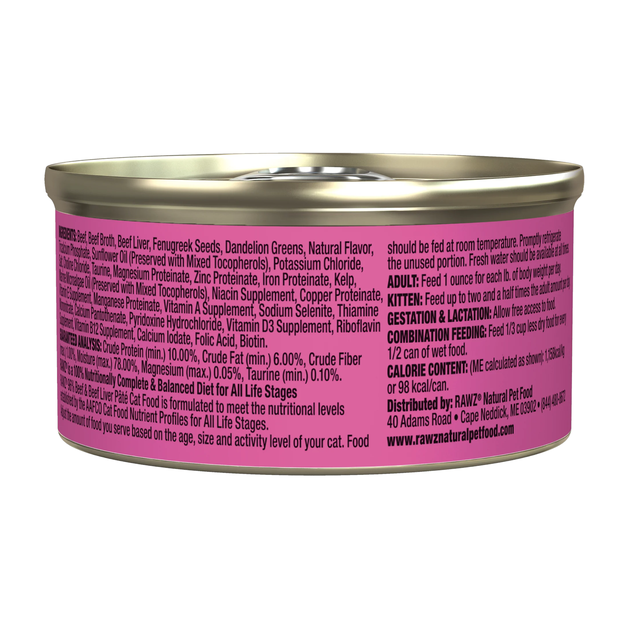 Back of the RAWZ 96% Beef & Beef Liver Pate can with ingredients, guaranteed analysis, and feeding guide