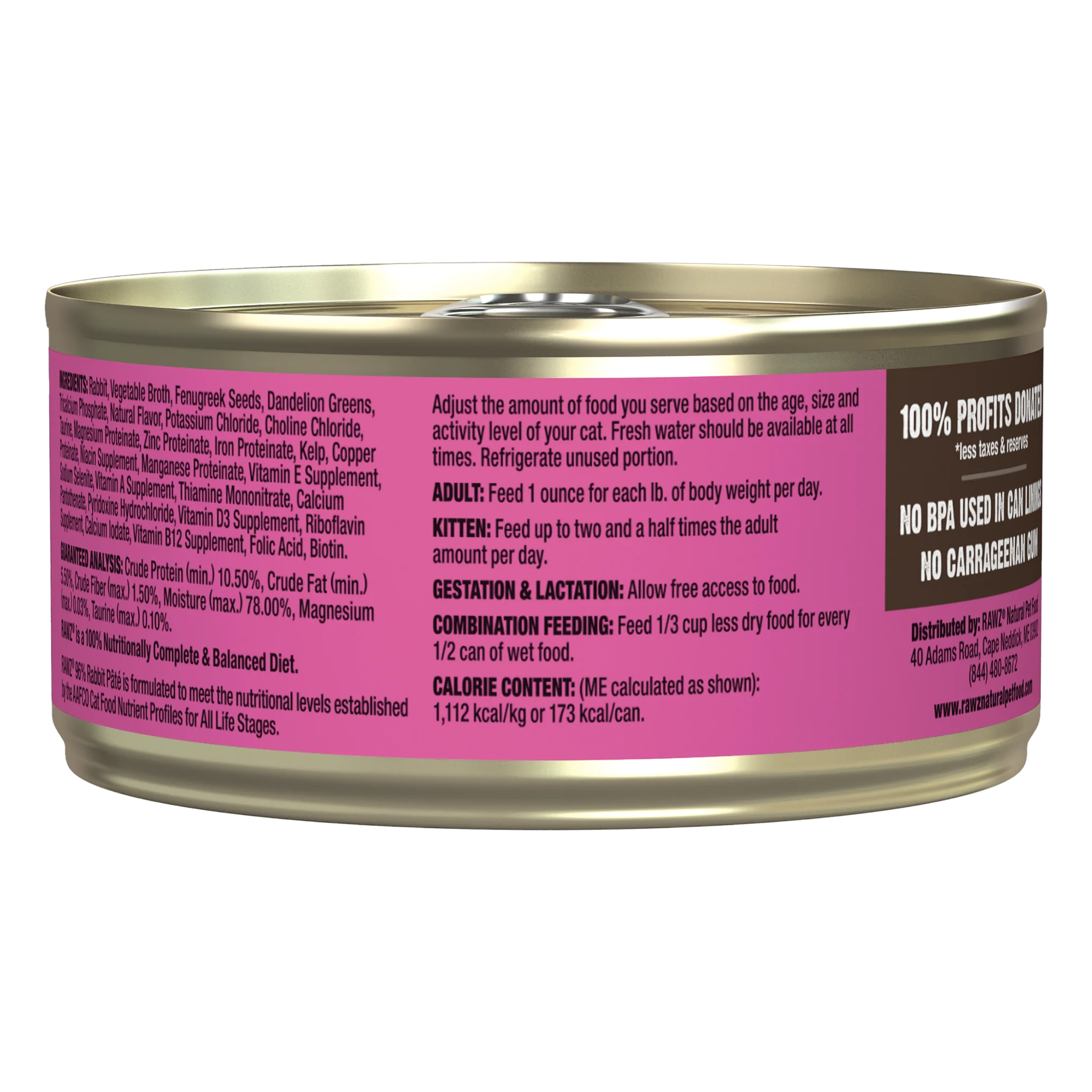 Back of the RAWZ 96% Rabbit Pate can with ingredients, guaranteed analysis, feeding guide and calorie content