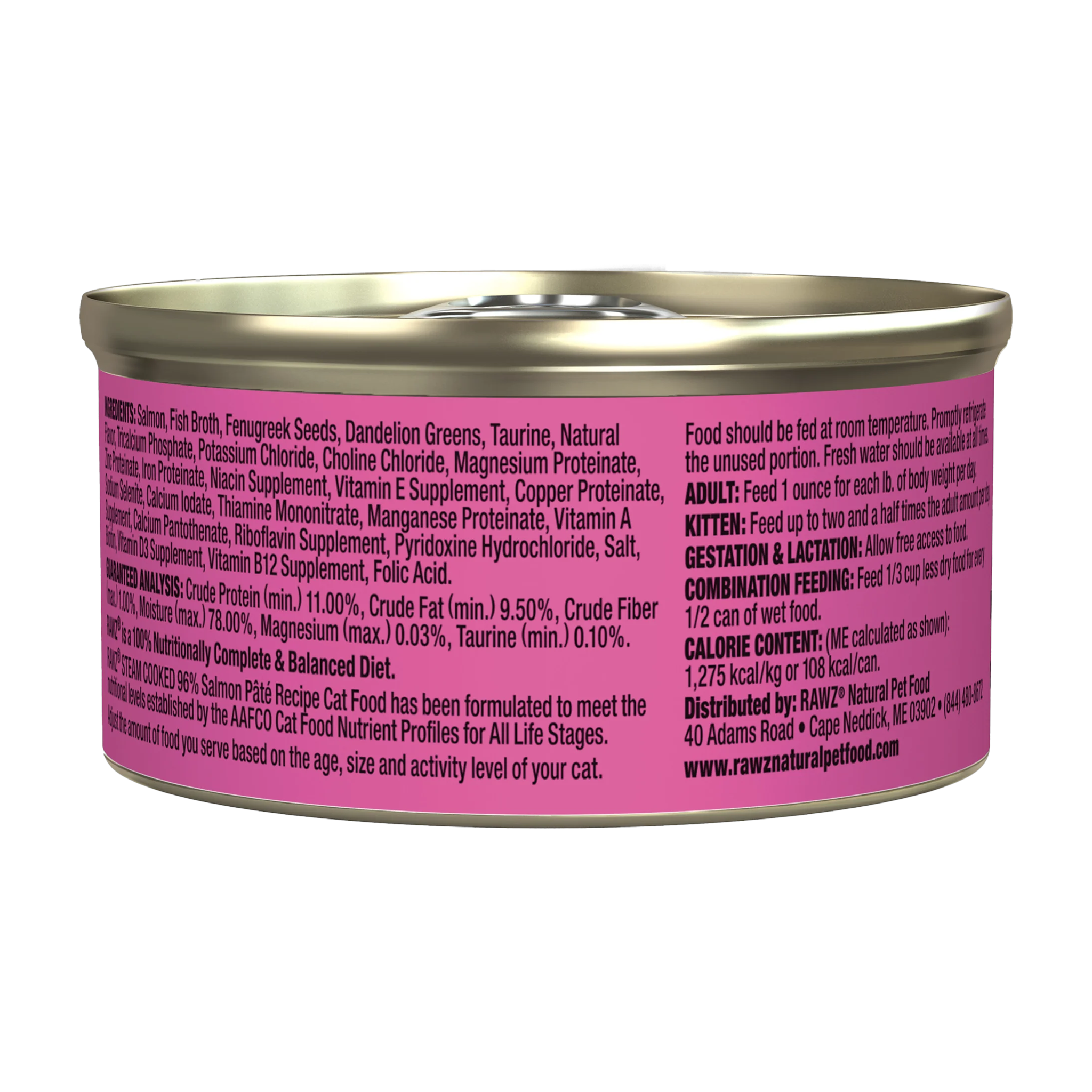 Back of the RAWZ 96% Salmon Pate can with ingredients, guaranteed analysis, and feeding guide