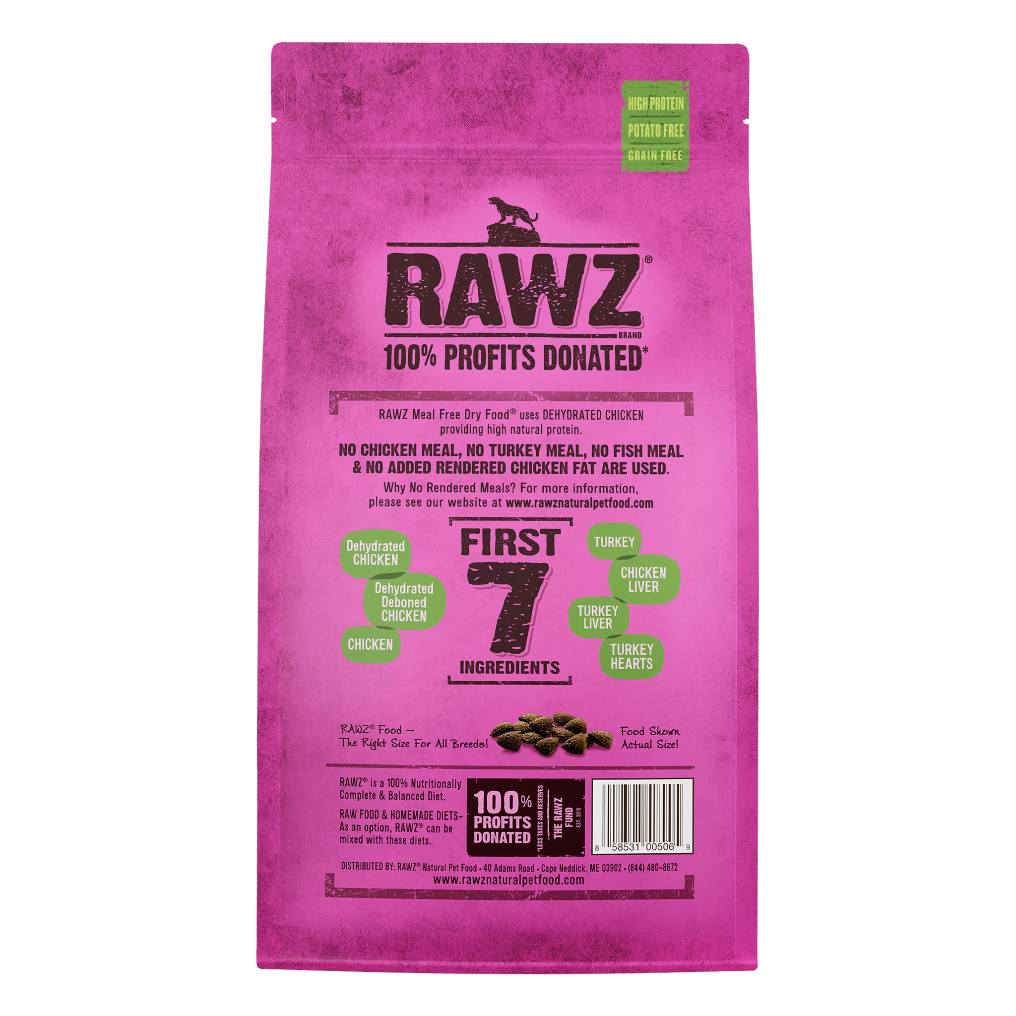 Back of the bag showing the first seven ingredients with no chicken or turkey meal and no rendered chicken fat