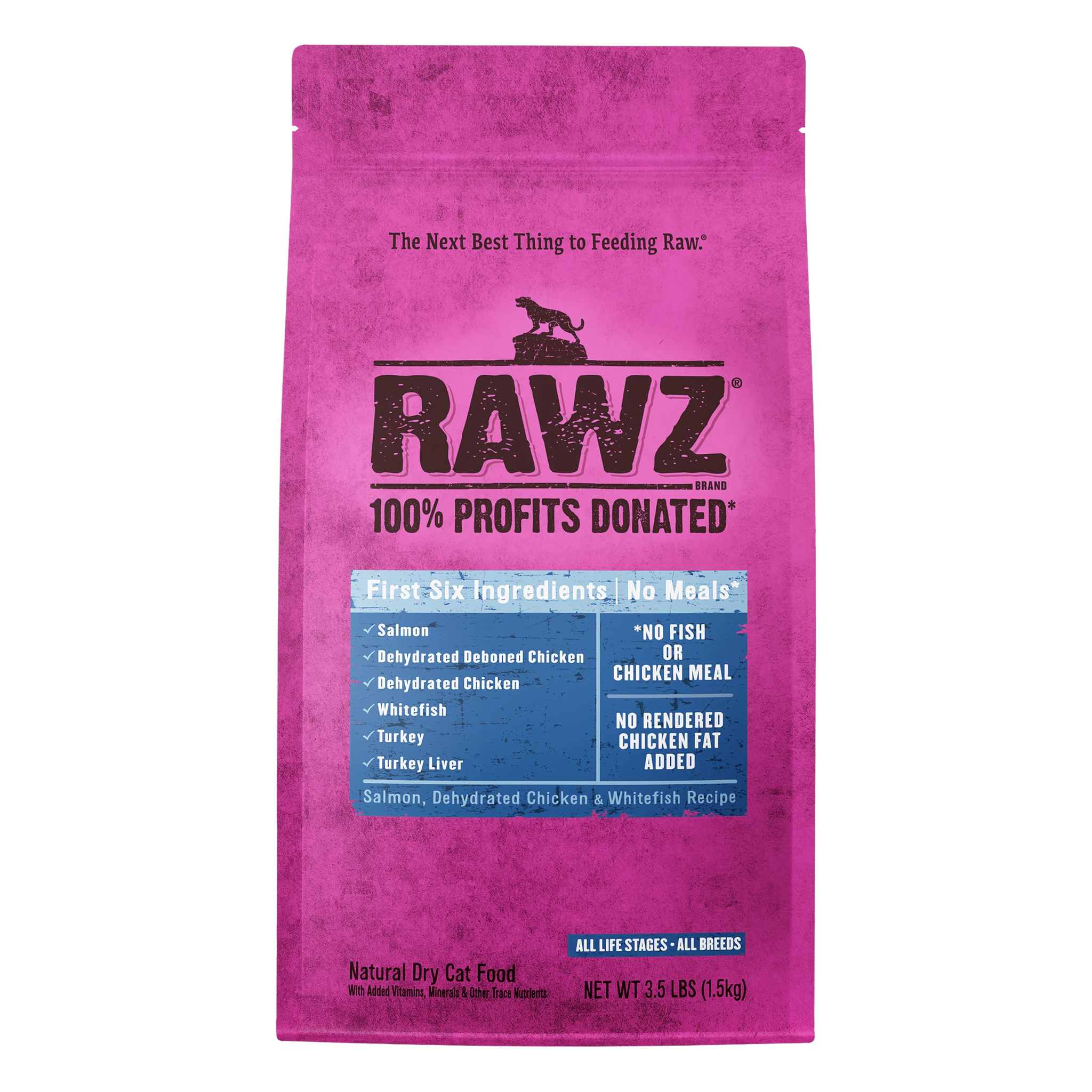 RAWZ Salmon, Dehydrated Chicken and Whitefish meal-free dry cat food bag front
