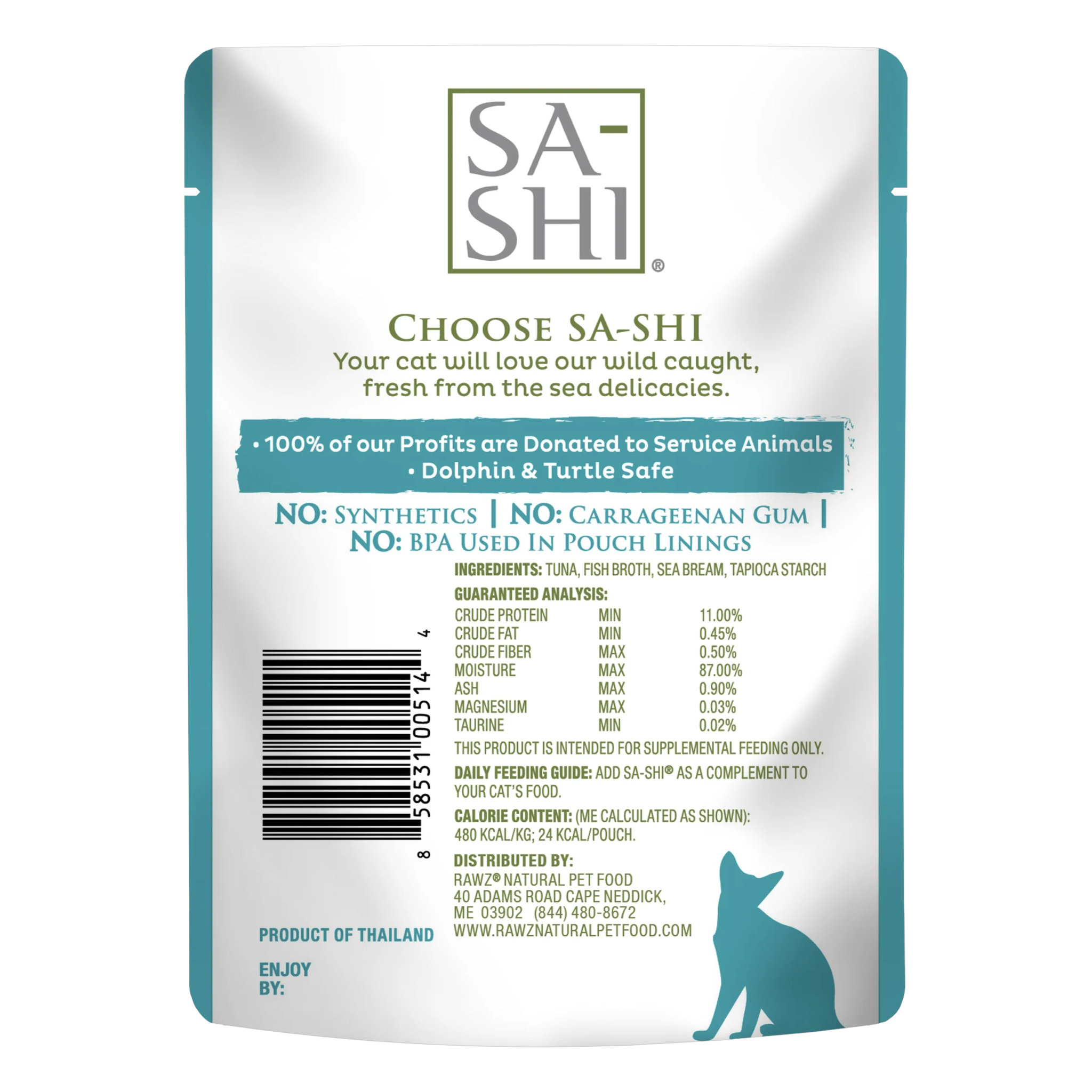 Back of the Sa-Shi Aku Tuna and Sea Bream pouch with ingredients, guaranteed analysis, feeding guide and calorie content