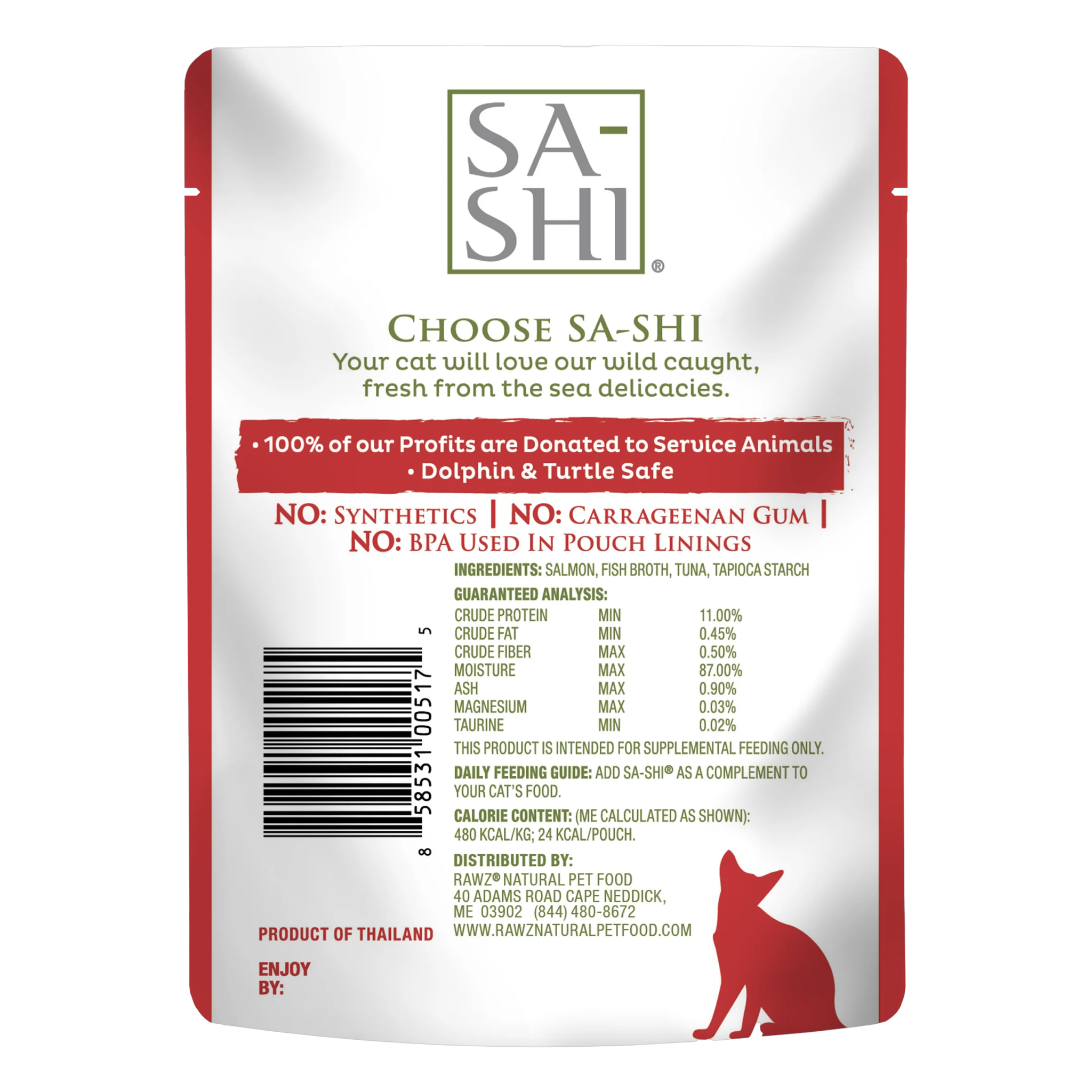 Back of the Sa-Shi Wild Caught Salmon and Aku Tuna pouch with ingredients, guaranteed analysis, feeding guide and calorie content
