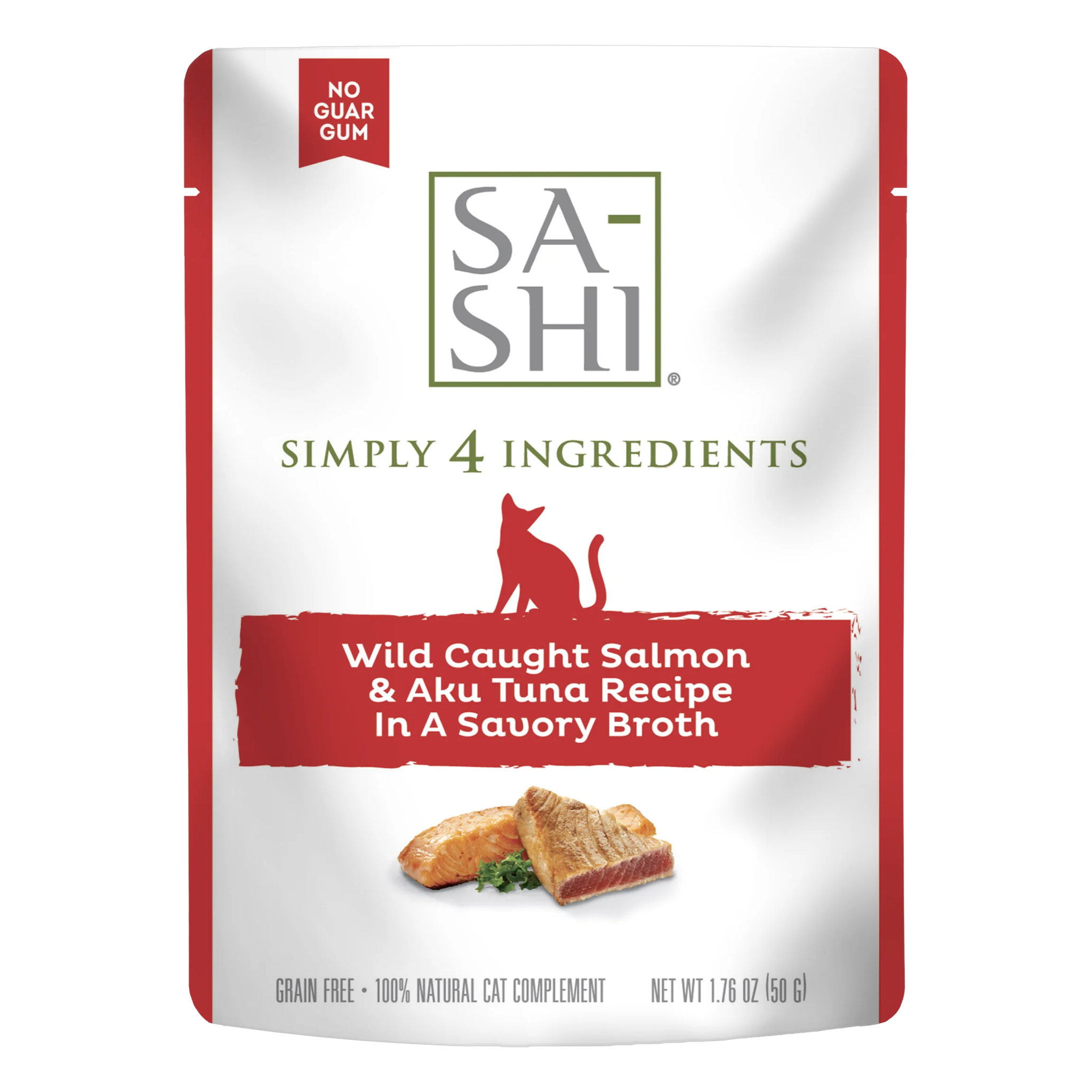 RAWZ Sa-Shi Wild Caught Salmon and Aku Tuna Recipe in savory broth cat food pouch front