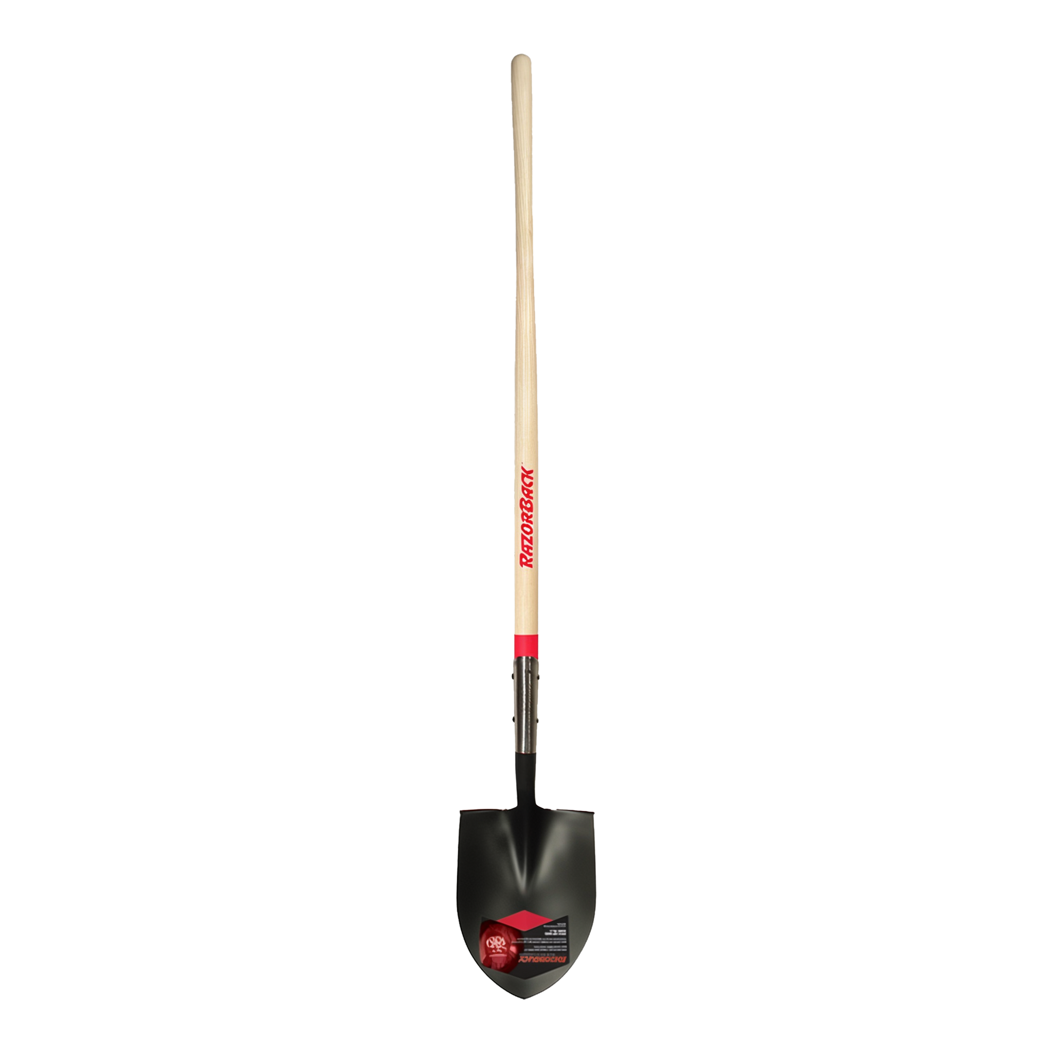 Razor-Back 45519 round point shovel with open-back industrial-gauge steel blade, rolled step, and 48 inch North American hardwood handle