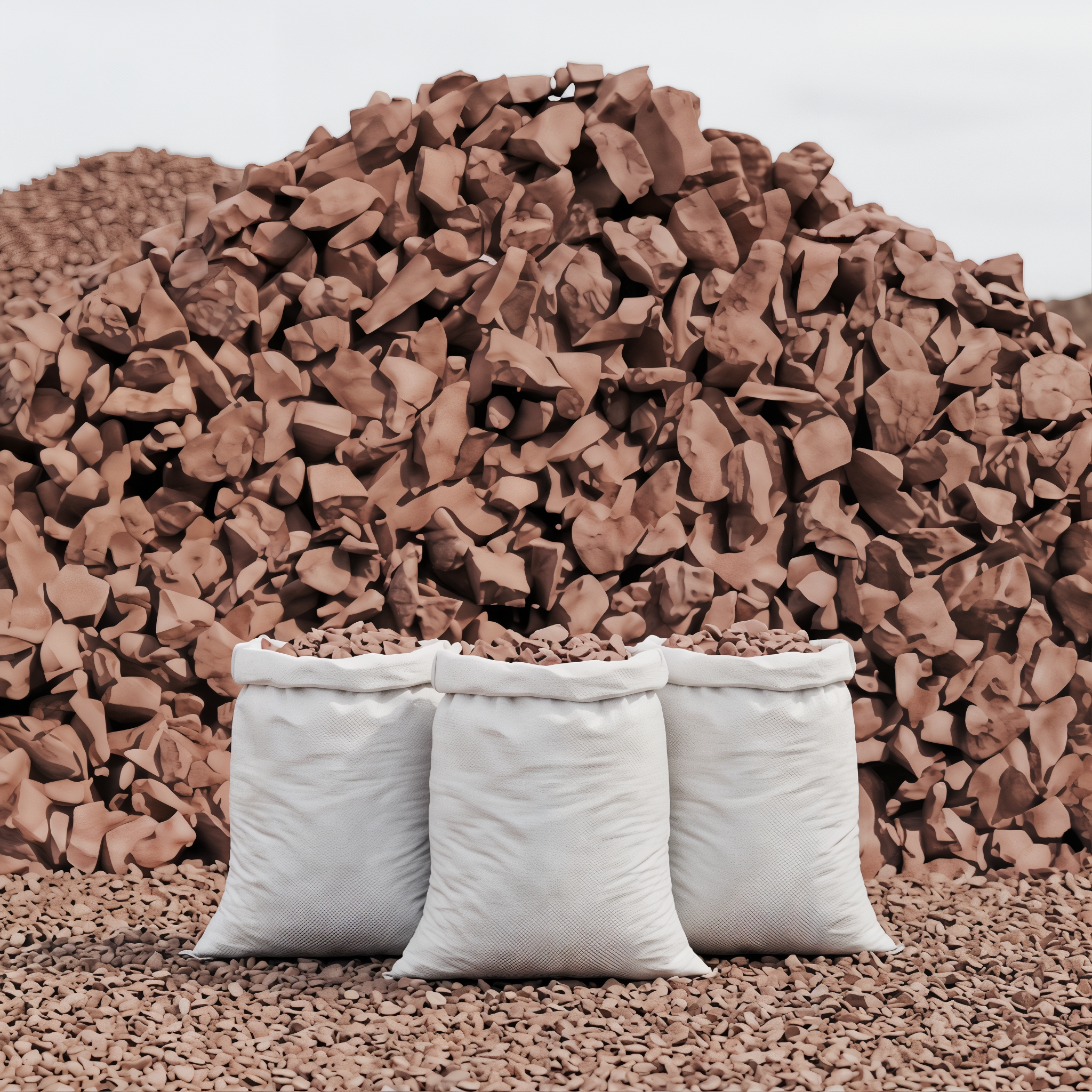 Red Stone in 50 lb bags in front of a stone pile, 3/4 inch size