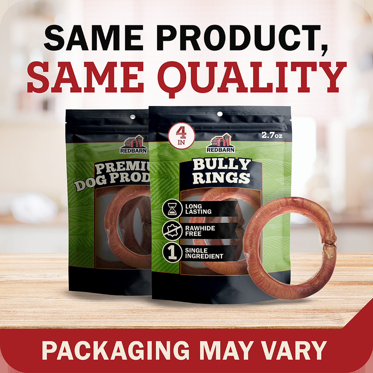 Redbarn Bully Rings -- two bags of redbarn bully rings dog treats displayed on a wooden surface with a