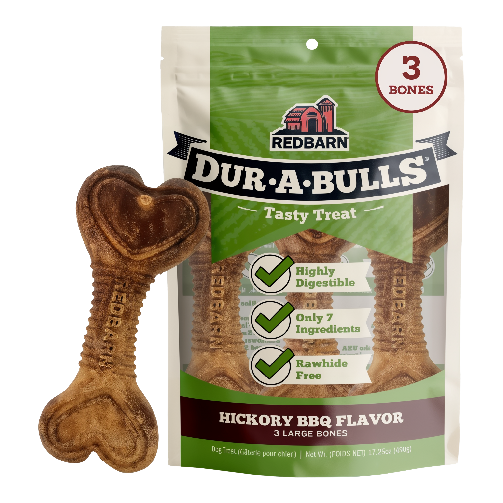 Redbarn Dur-A-Bulls Bone Hickory BBQ Flavor three pack