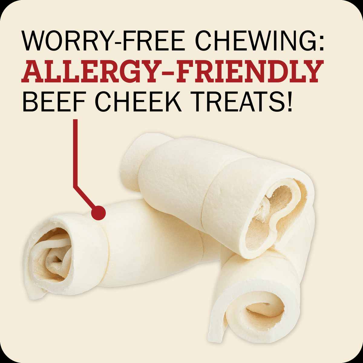 Redbarn Glazed Beef Cheek Roll Chicken & Carrot Flavor -- three rolled beef cheek treats on a light beige background with promotional text