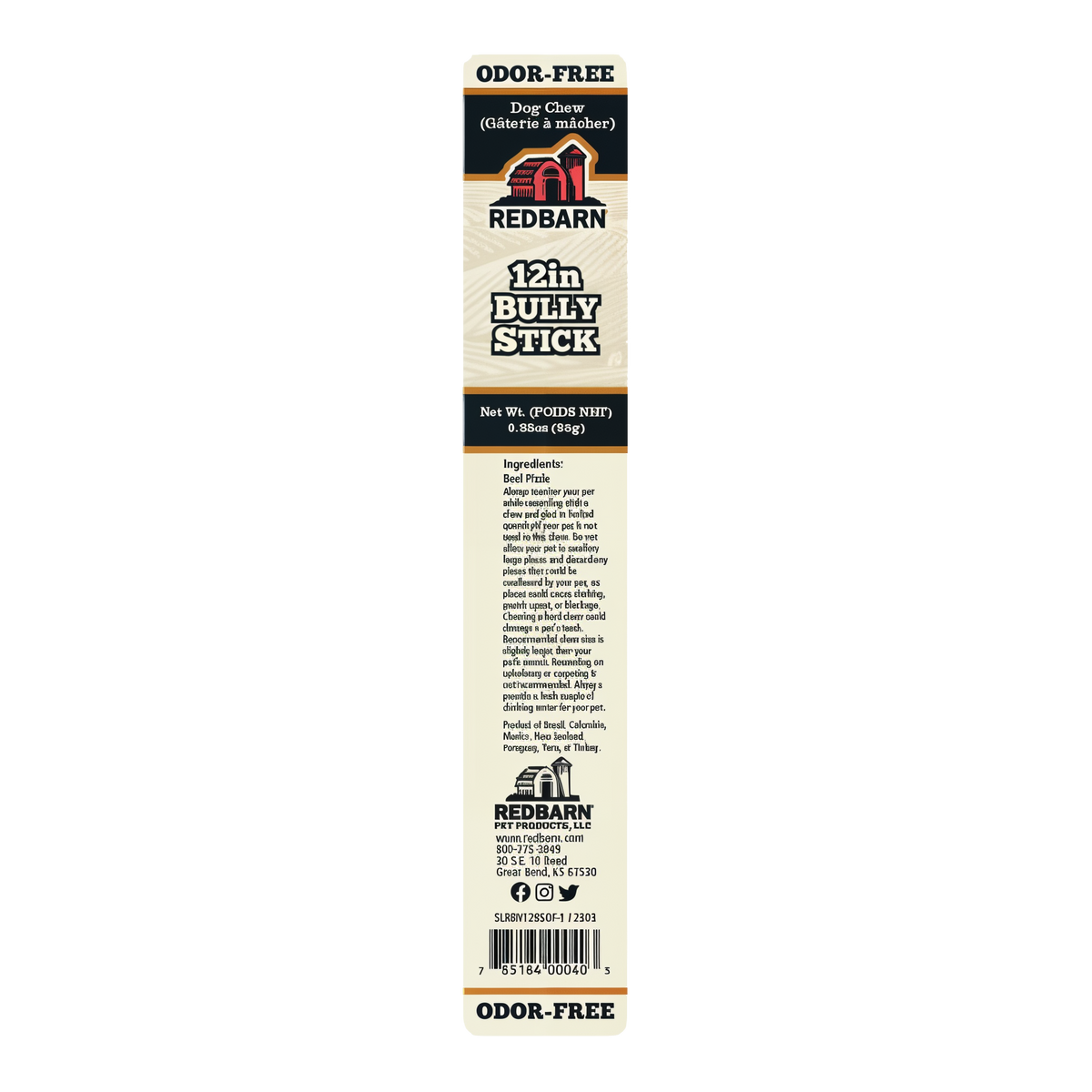 Redbarn Odor-Free Bully Stick -- redbarn odor-free bully stick - safety warning label