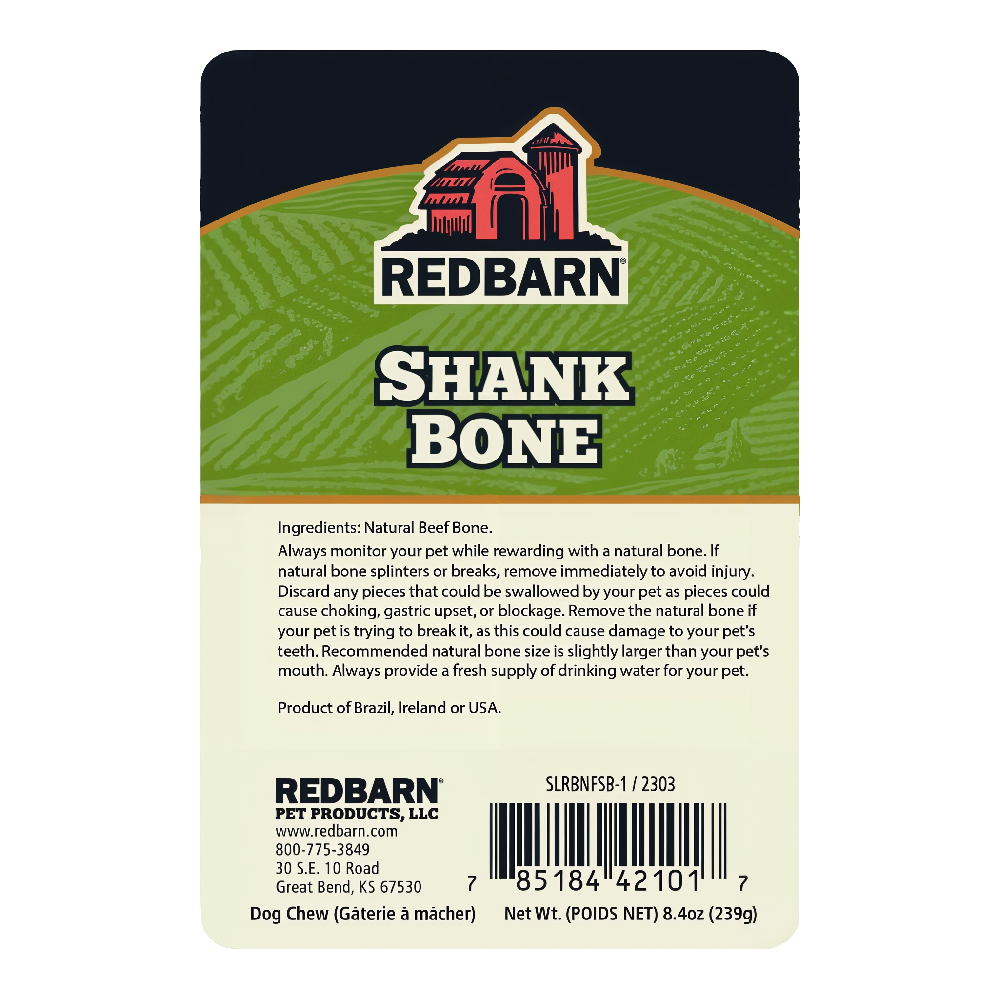 Redbarn Shank Bone package back with ingredients and feeding guidance