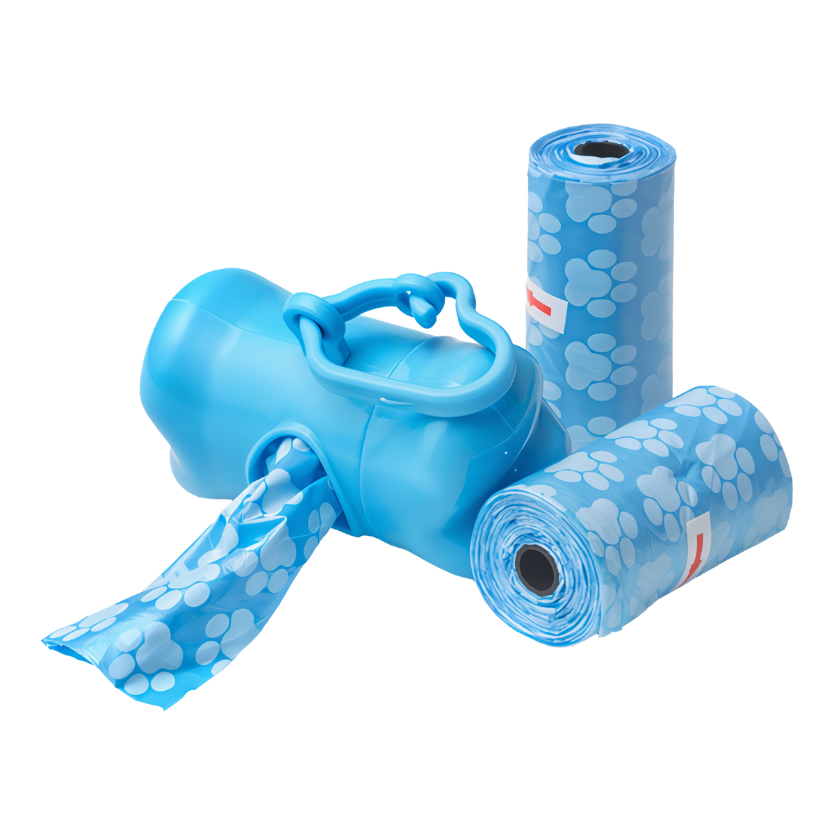 Ruff & Whiskerz blue bone dispenser with two rolls of waste bags out of the package
