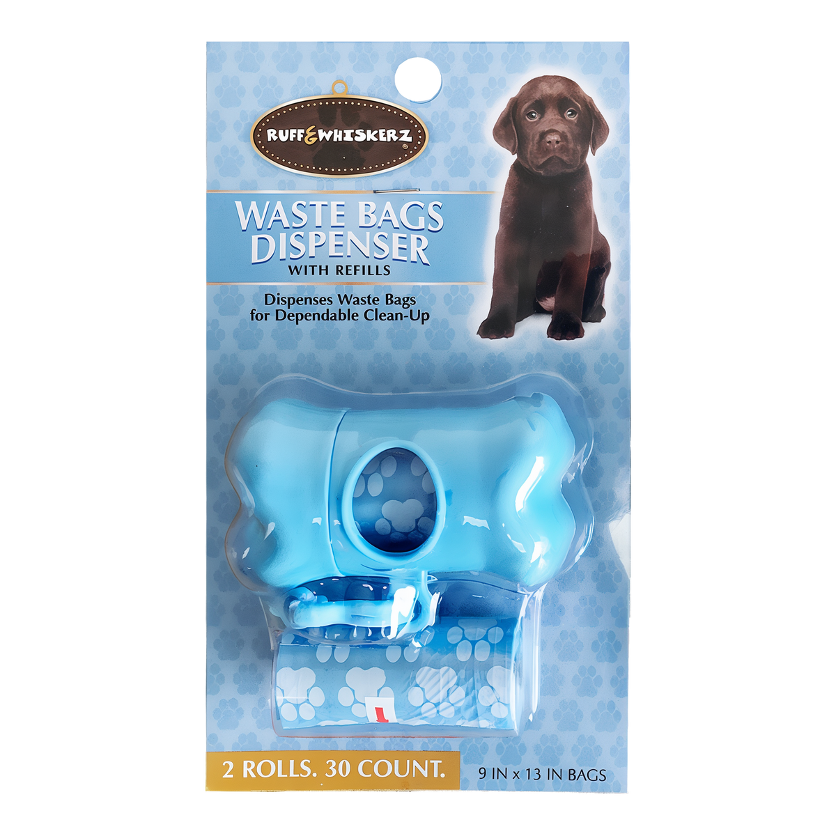 Ruff & Whiskerz bone-shaped waste bag dispenser with refill rolls in retail package, front