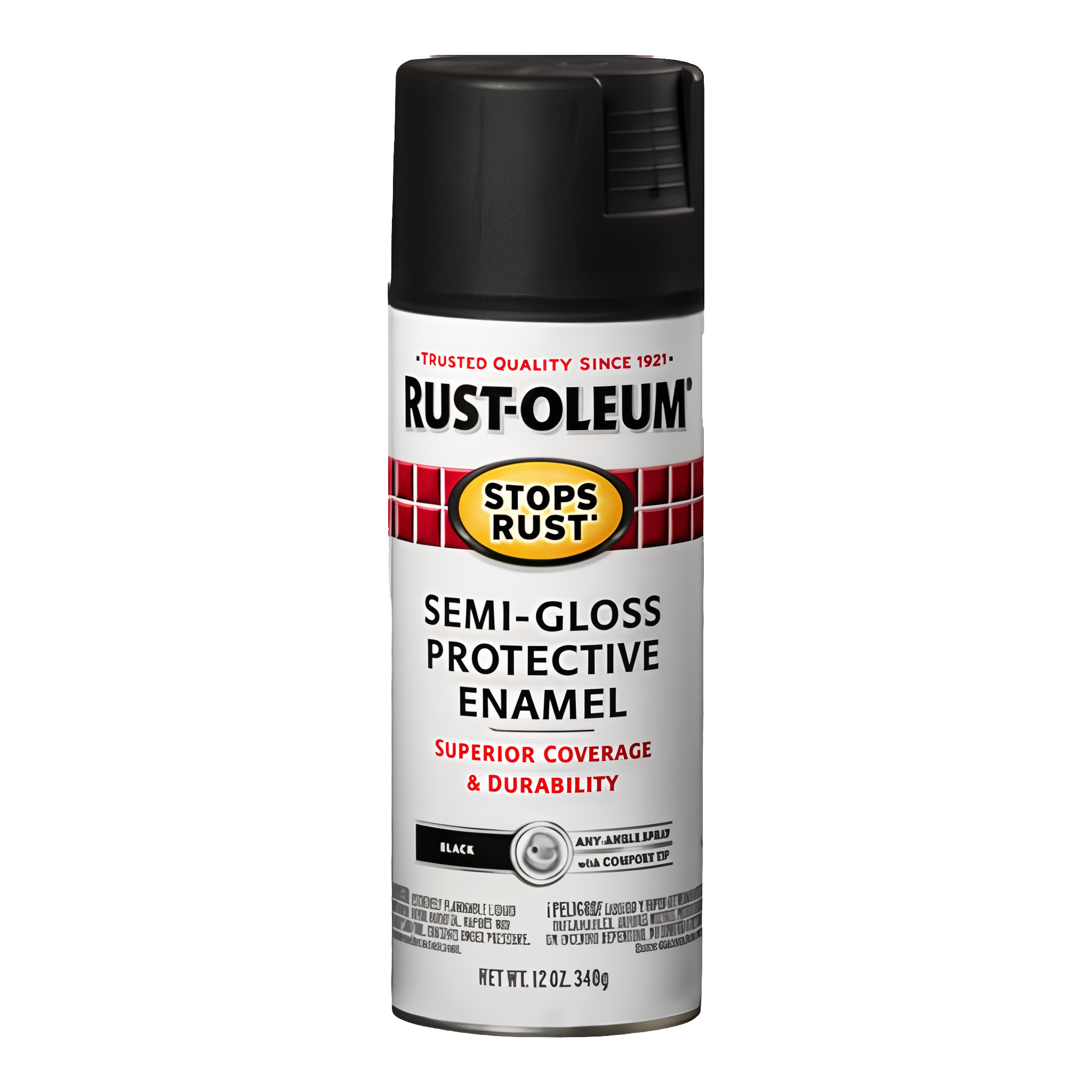 Rust-Oleum Stops Rust Semi-Gloss Protective Enamel spray paint black 12 oz can on transparent background