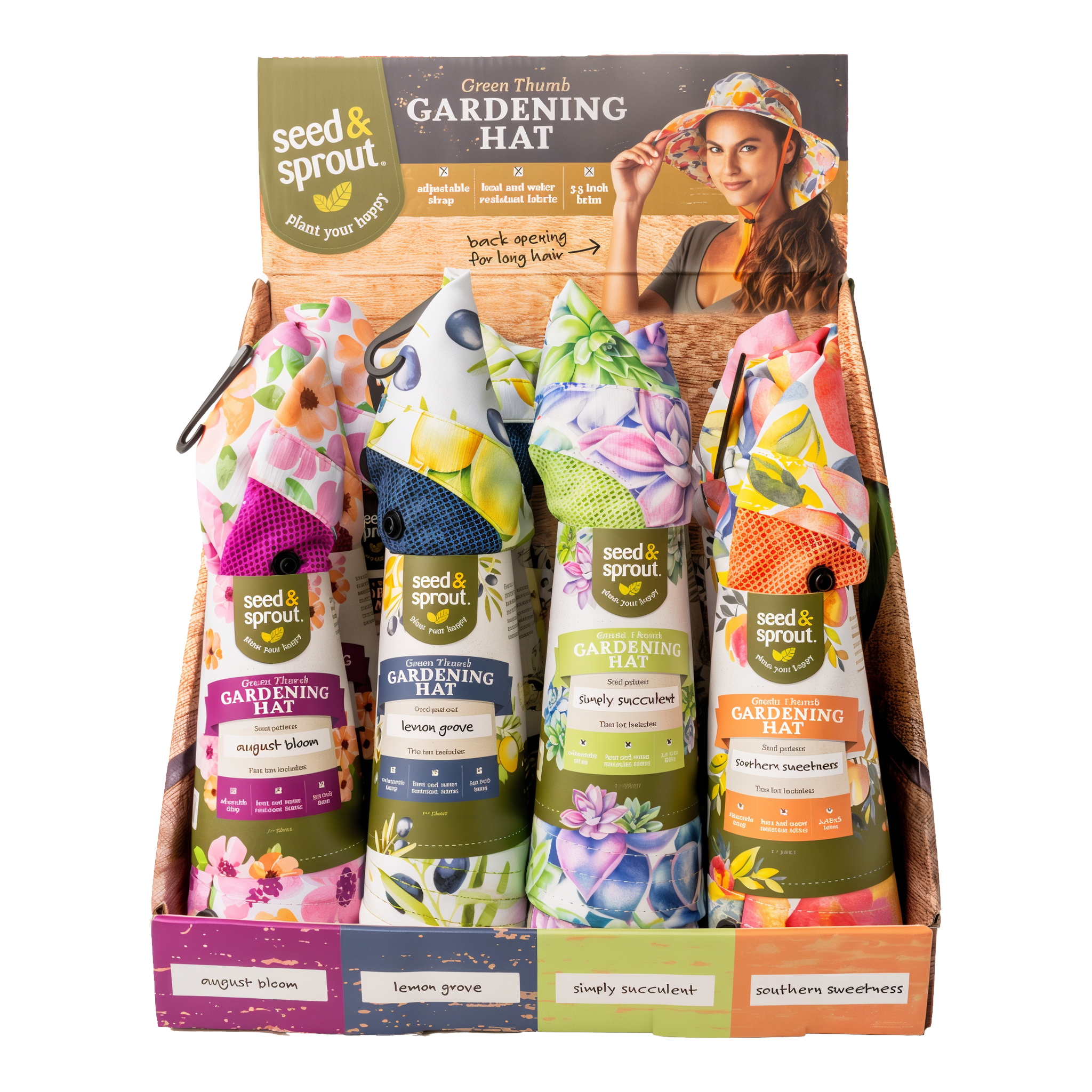 Seed & Sprout Foldable Gardening Hat counter display box — 4 patterns (August Bloom, Lemon Grove, Simply Succulent, Southern Sweetness) packaged in display tray with branded sleeve labels and lifestyle photo on header card