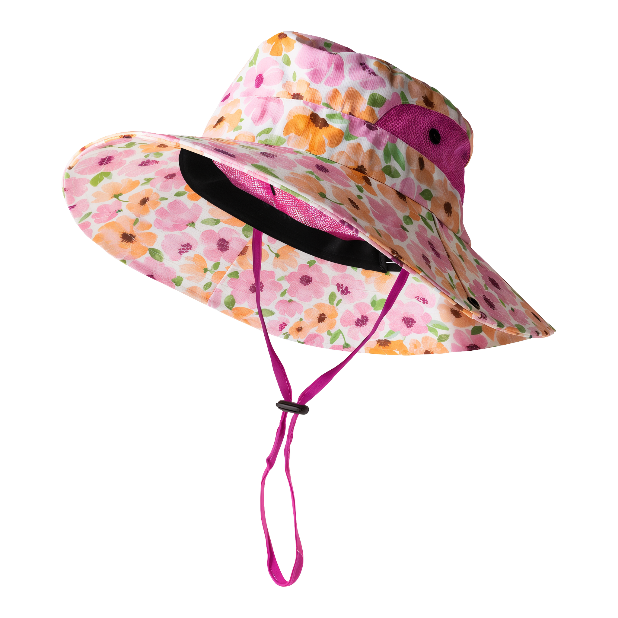 Seed & Sprout Foldable Gardening Hat in August Bloom pattern — wide-brim sun hat with watercolor pink, orange, and yellow blossoms print on white, magenta-pink mesh accent band, adjustable magenta chin strap, side snaps, back ponytail opening