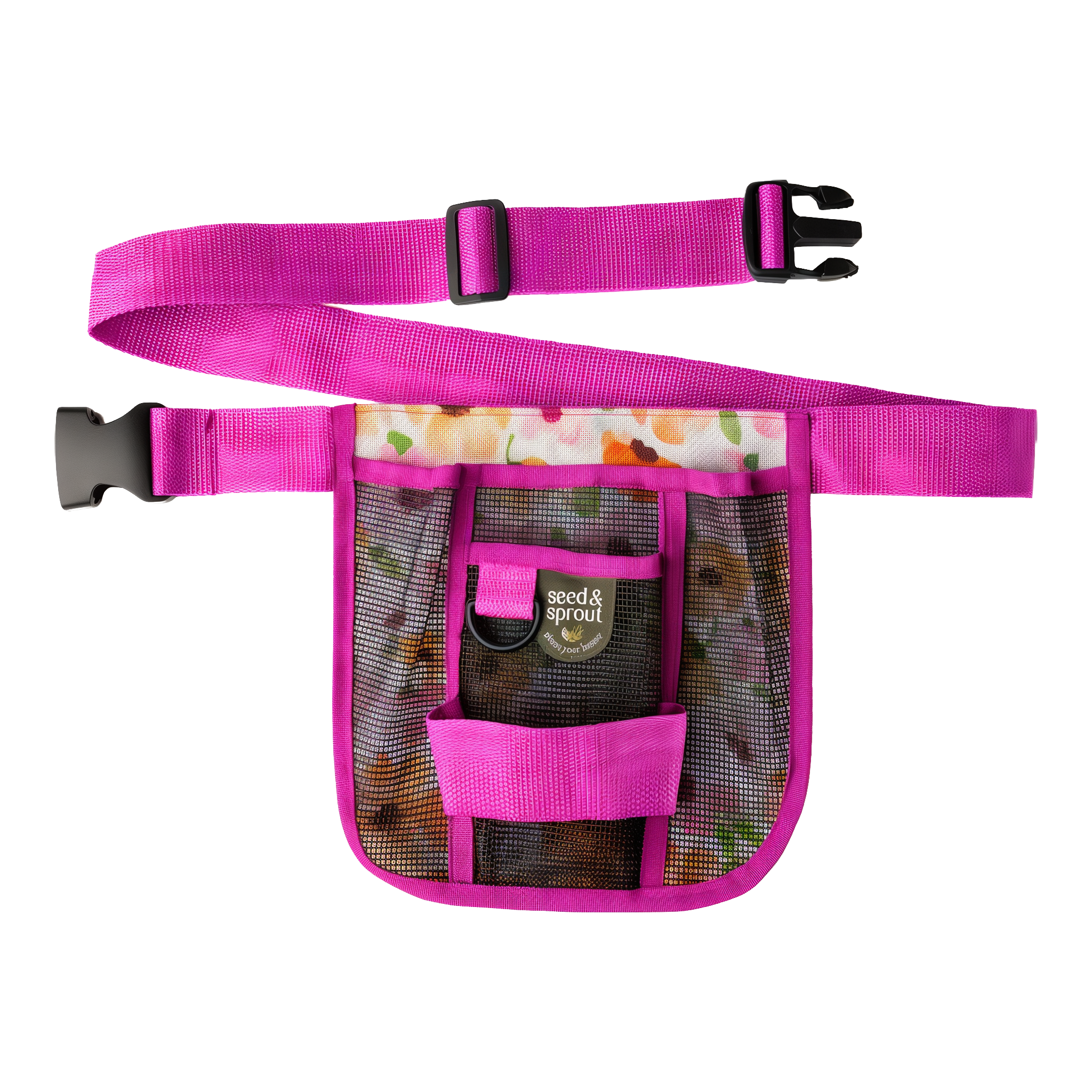 Seed & Sprout Green Thumb Gardening Tool Belt in August Bloom — magenta fuchsia nylon strap with adjustable quick-release buckle and printed summer-floral mesh pouch, front utility loop and main mesh pocket #August Bloom