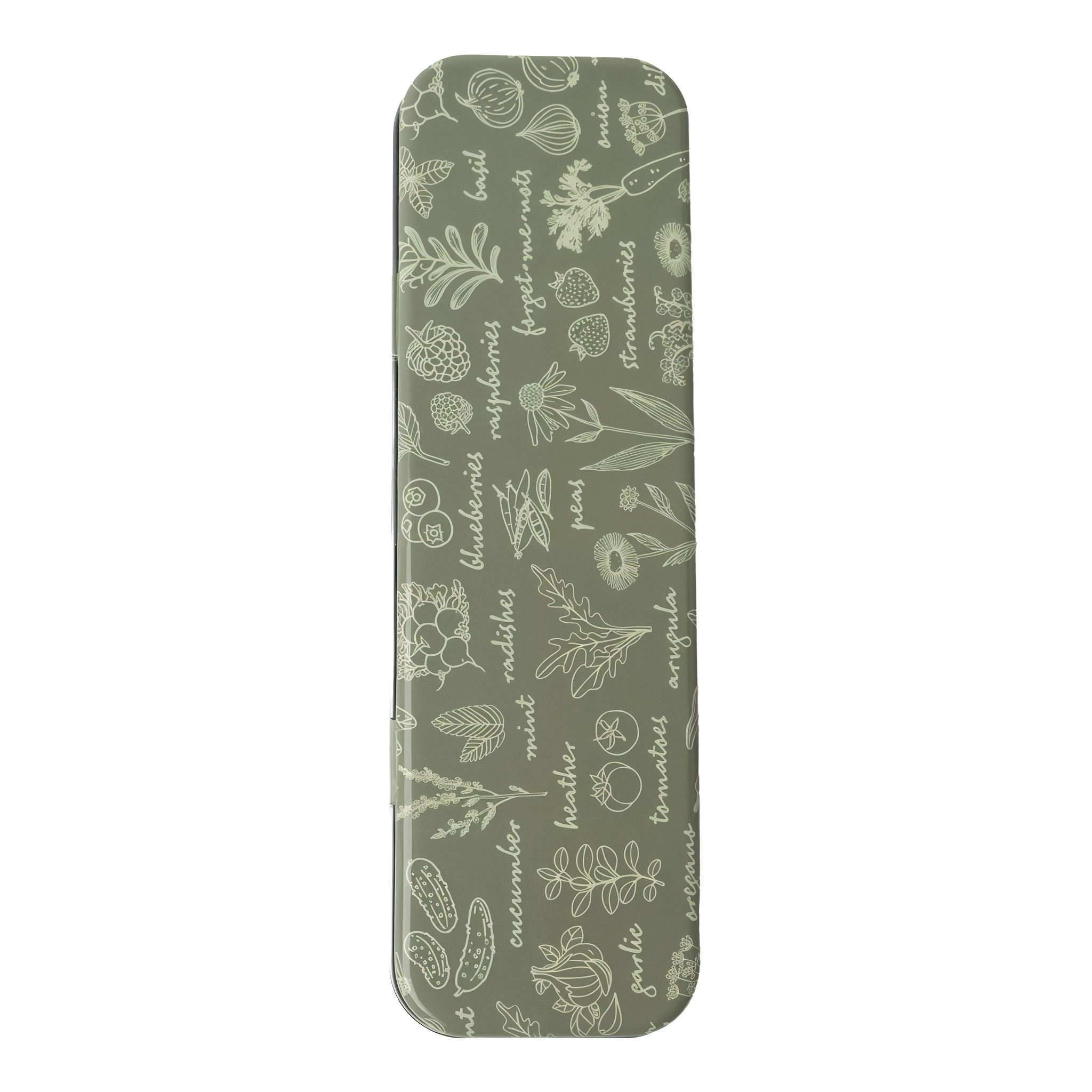 Seed & Sprout Green Thumb Labeling Set in Simply Succulent — muted sage green decorative tin with cream botanical line-art pattern of herbs vegetables and berries, contains 12 wooden plant stakes and 3 colored pencils