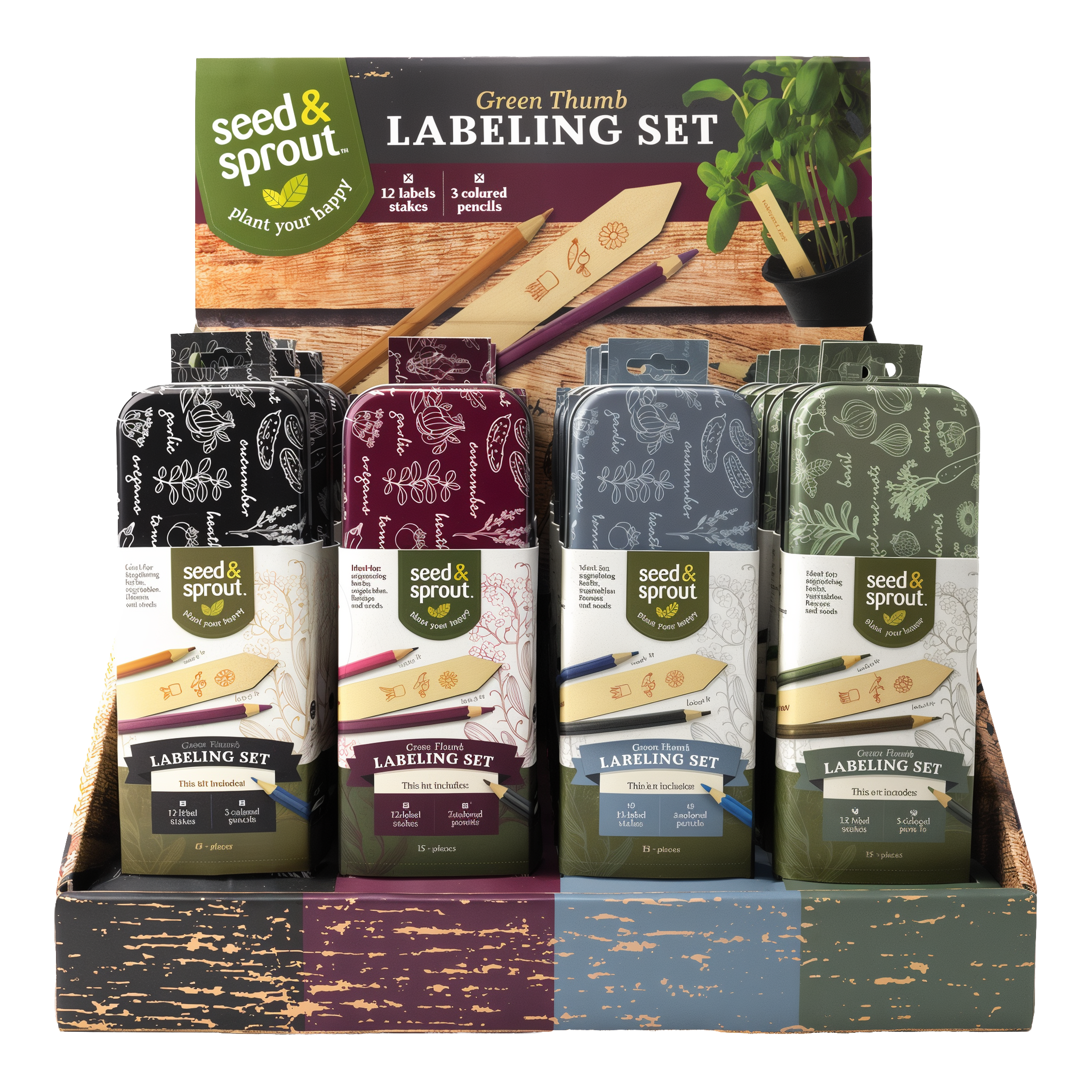 Seed & Sprout Green Thumb Labeling Set — Southern Sweetness colorway tin shown for product detail (deep black decorative tin with white botanical line-art pattern of herbs, vegetables, and berries — contains 12 wooden plant stakes + 3 colored pencils, identical contents across all 4 color variants)