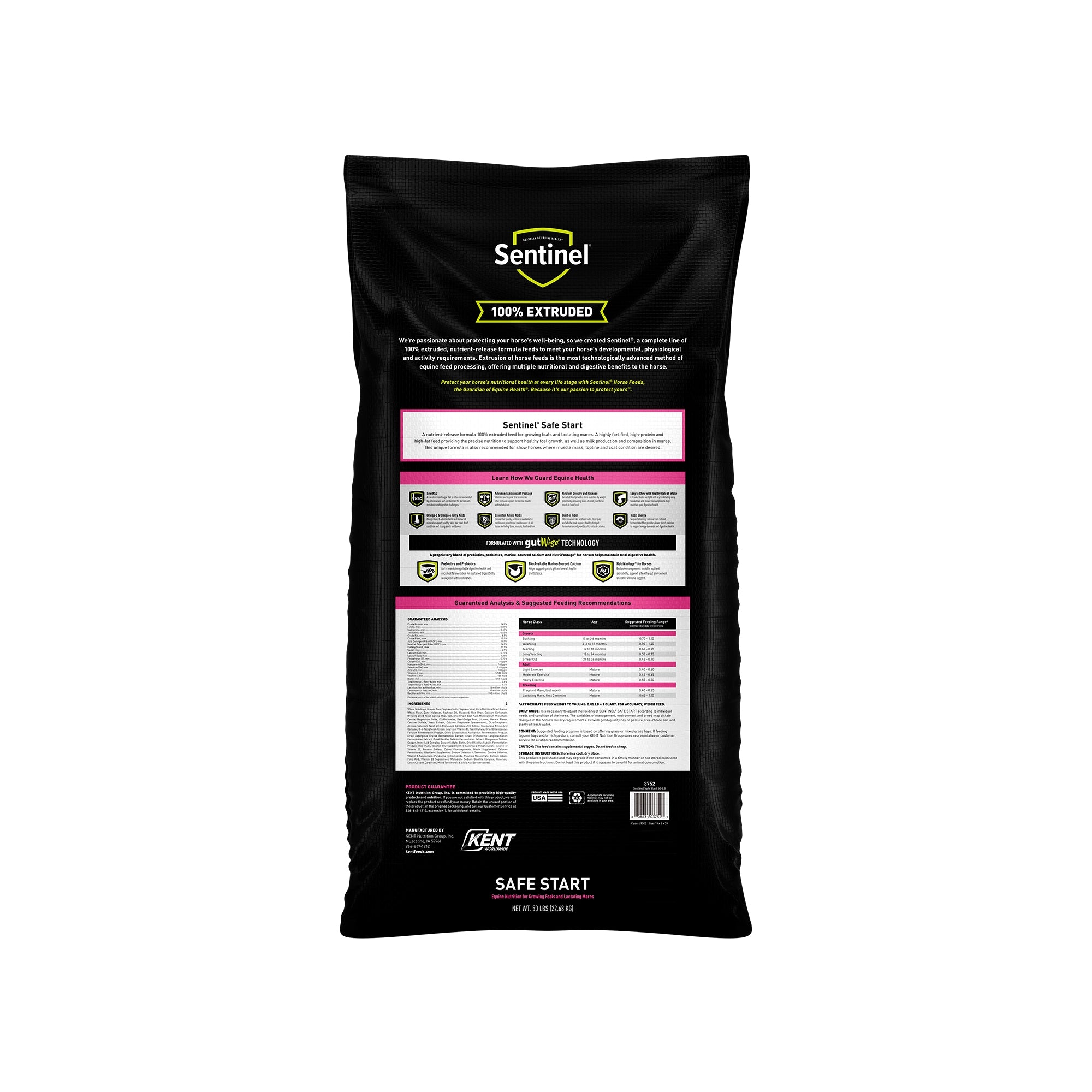 Sentinel Safe Start back of bag - nutrition label and guaranteed analysis