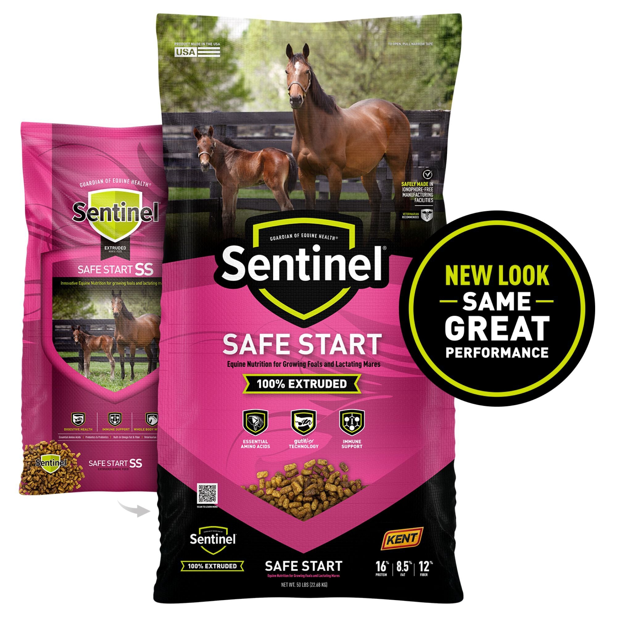 Sentinel Safe Start 100% Extruded Horse Feed, 50 lb bag, new and legacy packaging