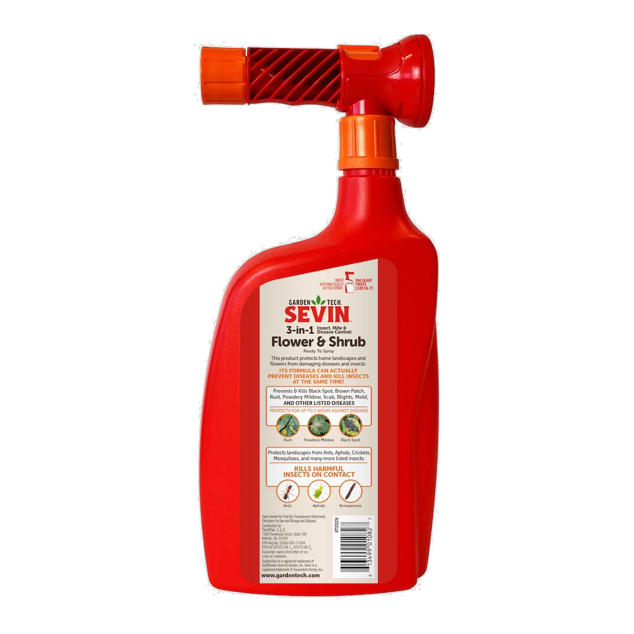 Back label of Sevin 3-in-1 Flower and Shrub Ready to Spray 32 oz with directions