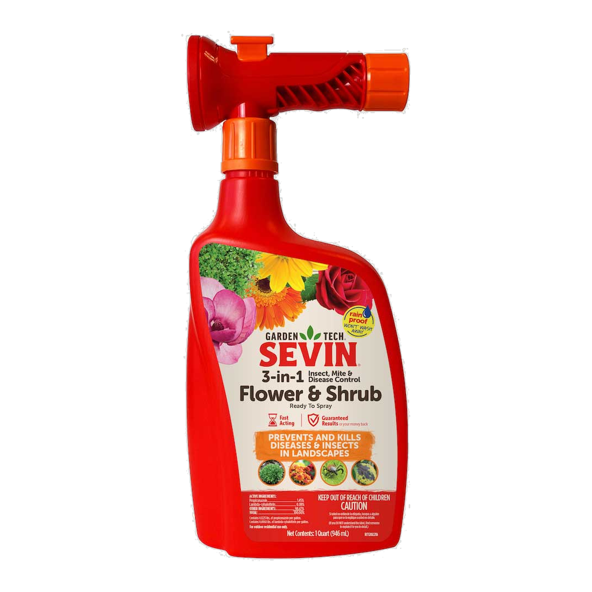 Sevin 3-in-1 Flower and Shrub Ready to Spray 32 oz hose-end bottle, front label