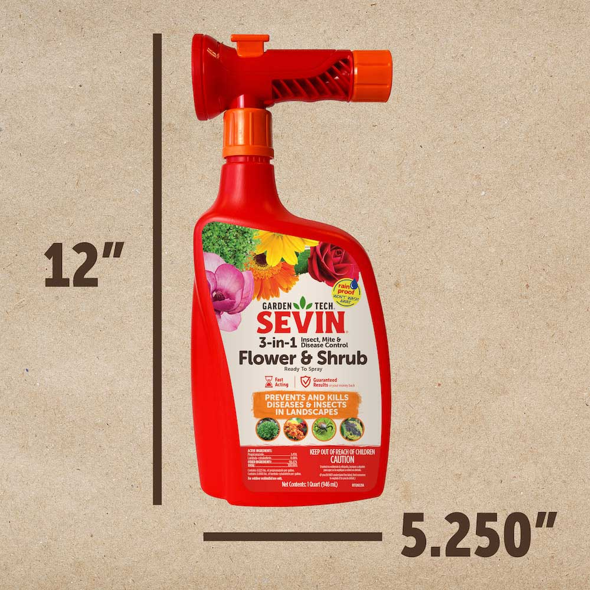 Sevin 3-in-1 Ready to Spray bottle measures 12 inches tall by 5.25 inches wide