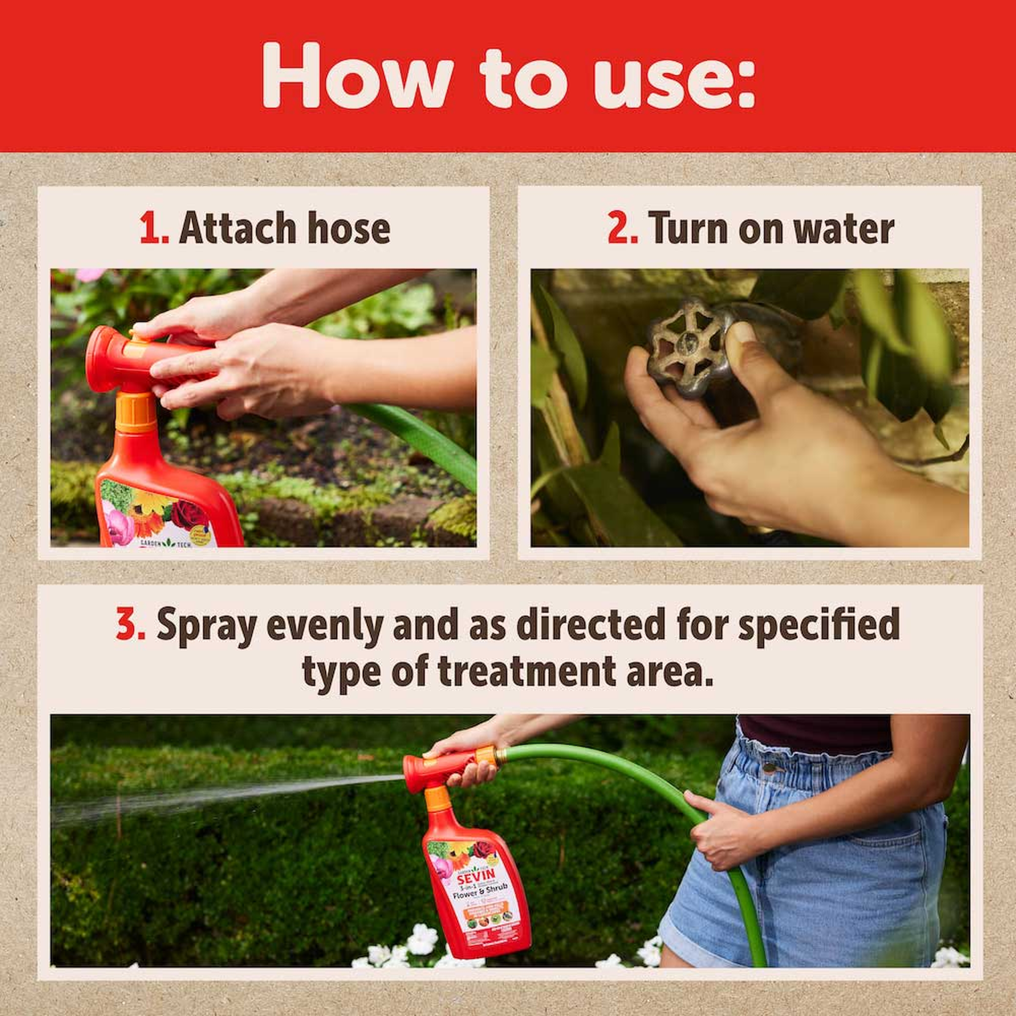 How to use: attach hose, turn on water, spray evenly as directed