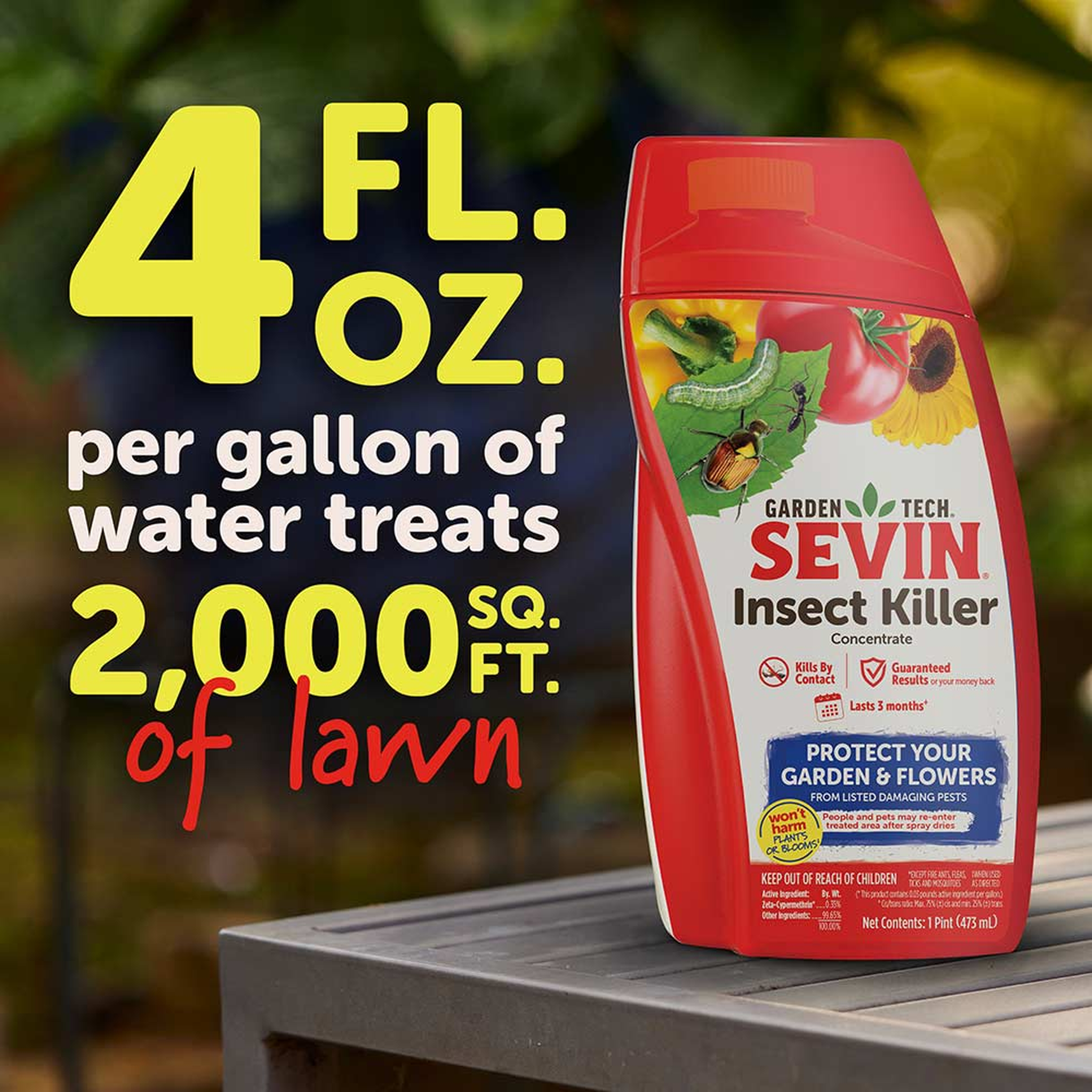 4 fluid ounces per gallon of water treats 2,000 square feet of lawn, shown with the 16 oz bottle