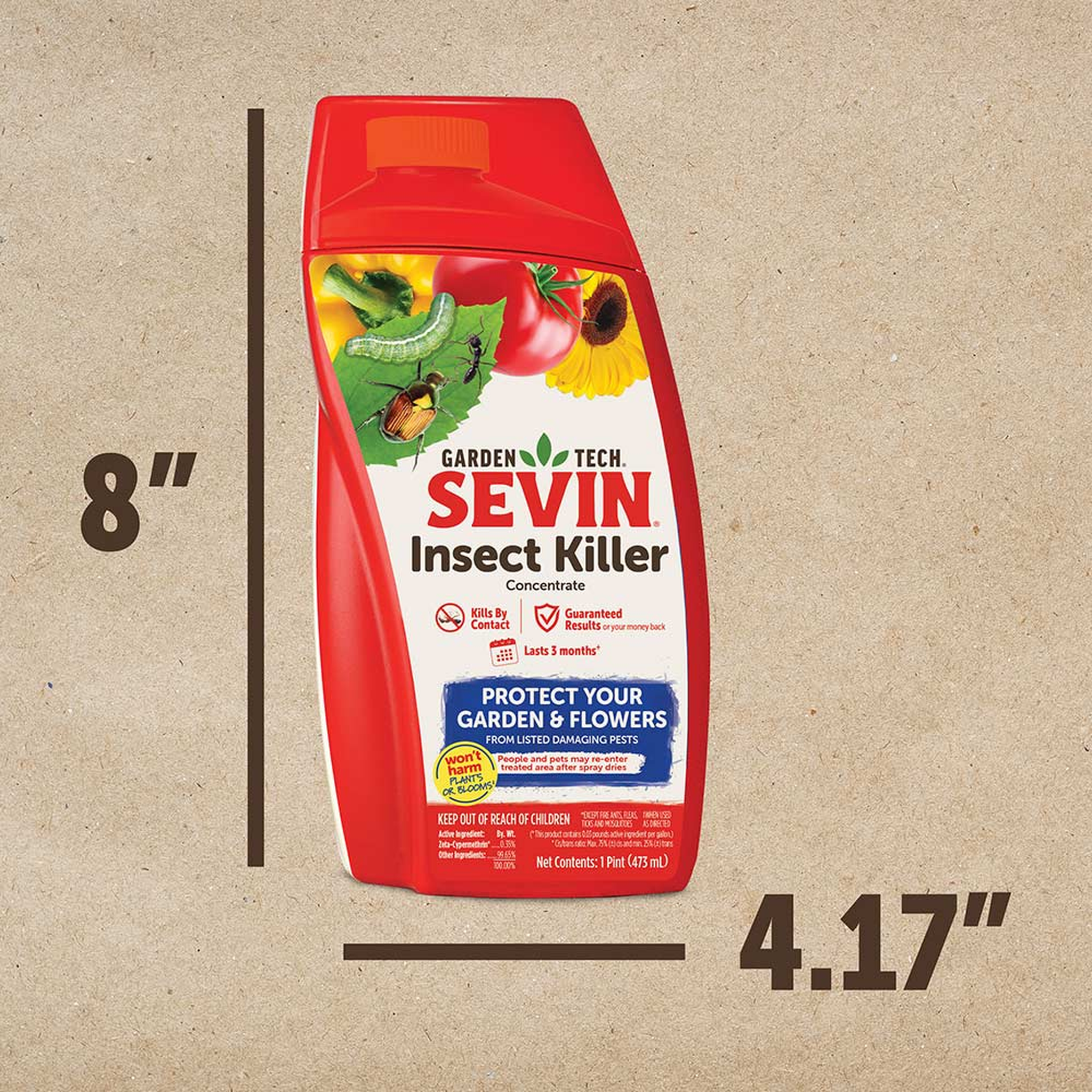Sevin Insect Killer Concentrate 16 oz bottle measures 8 inches tall by 4.17 inches wide