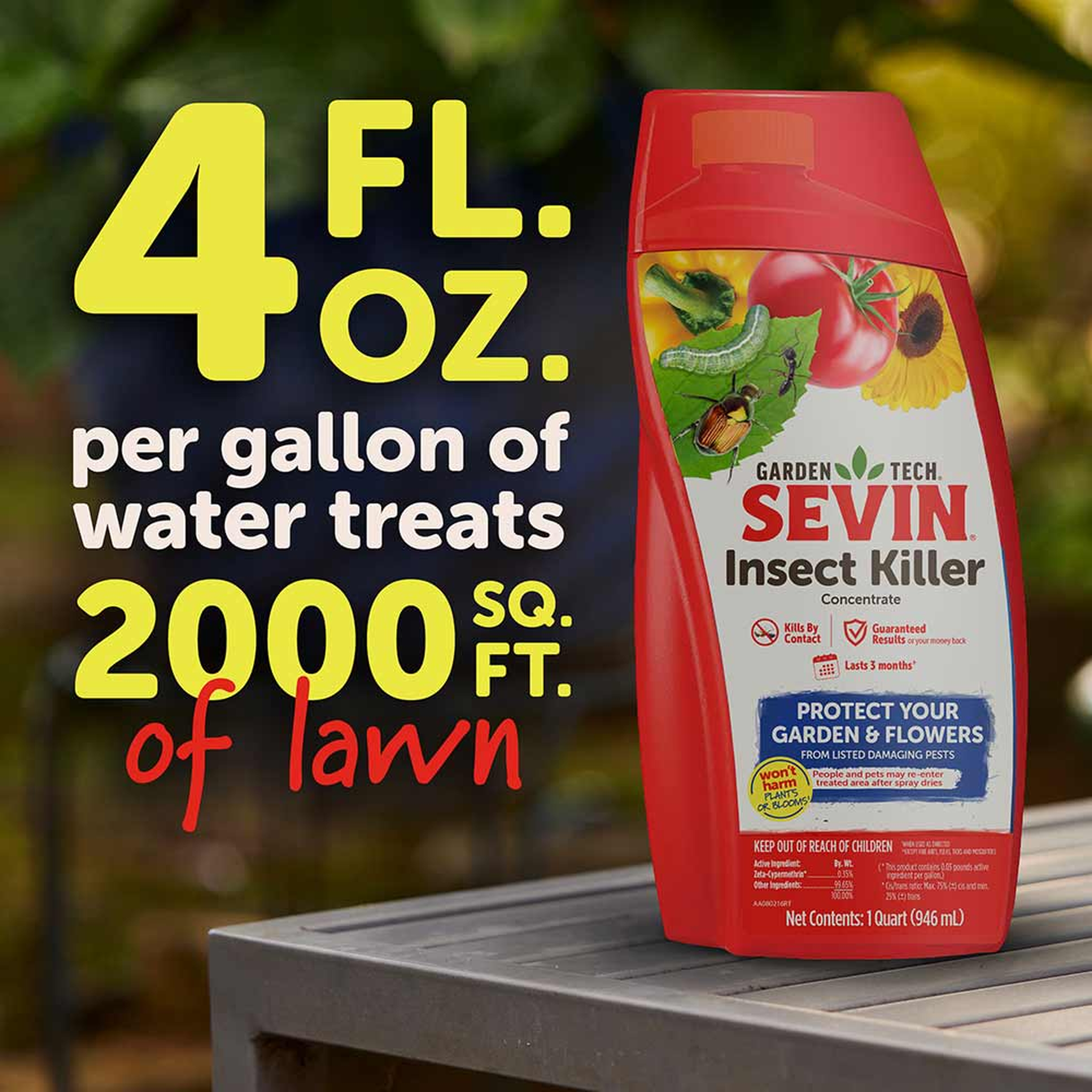 4 fluid ounces per gallon of water treats 2,000 square feet of lawn, shown with the 32 oz bottle