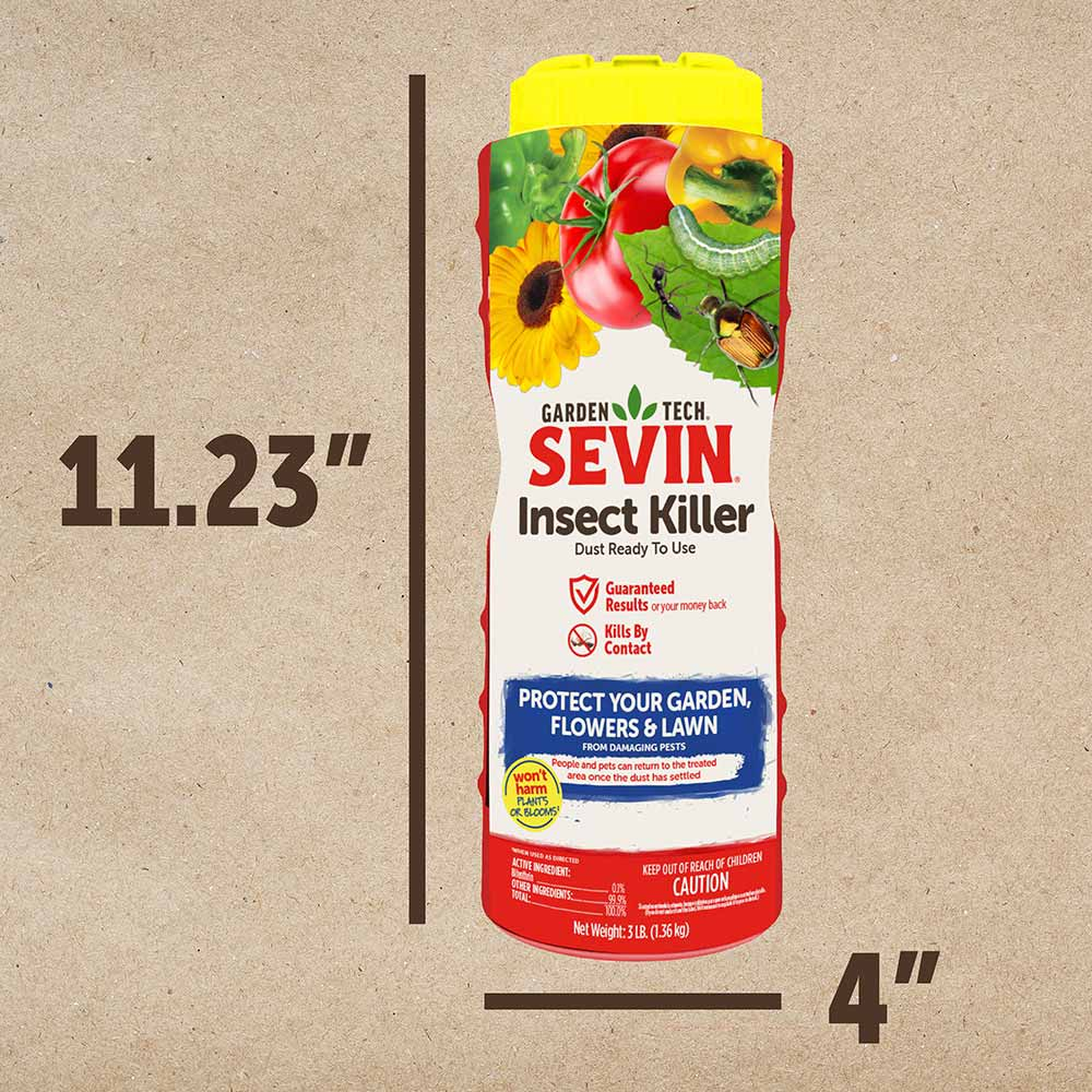 Sevin Insect Killer Dust 3 lb shaker measures 11.23 inches tall by 4 inches wide