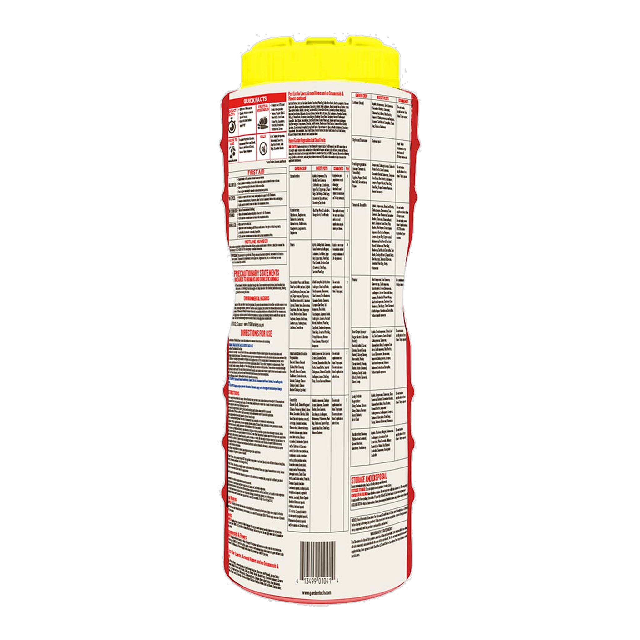 Back label of Sevin Insect Killer Dust 3 lb shaker listing directions and pests controlled