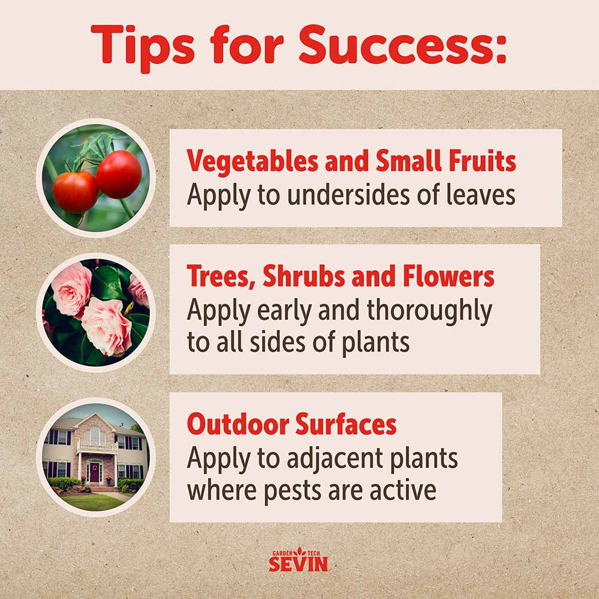 Tips for success on vegetables, small fruits, trees, shrubs, flowers and outdoor surfaces